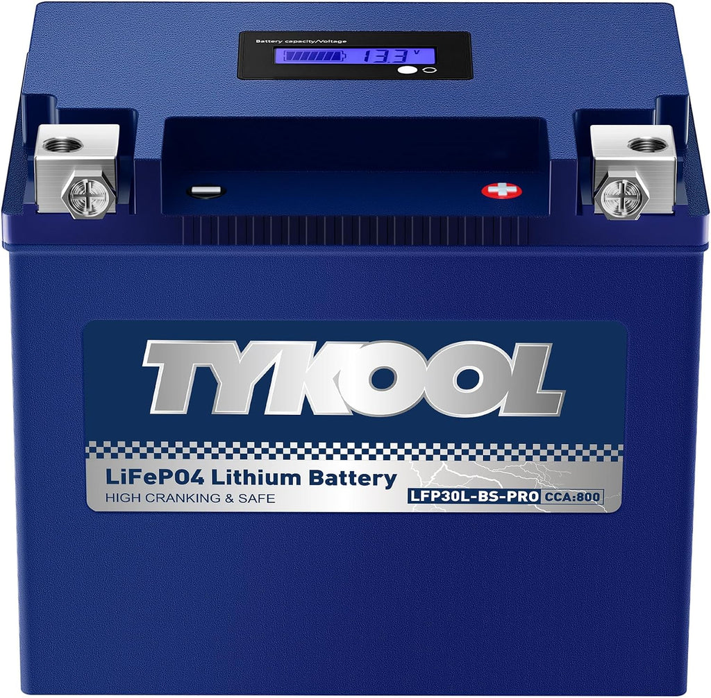 TYKOOL LFP30L-BS-PRO Lithium LiFePO4 Battery 18Ah 800CCA, LCD Readout IP66,Compatible with Harley Touring Road Glide Street Glide, Polaris RZR Ranger 1000, Can-Am Defender Maverick, Replaces YTX30L-BS