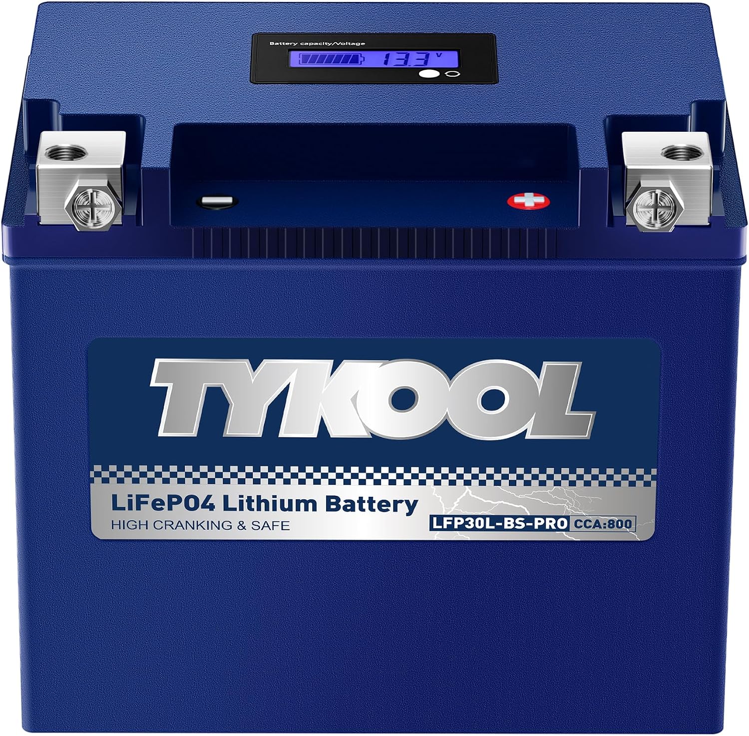 TYKOOL LFP30L-BS-PRO Lithium LiFePO4 Battery 18Ah 800CCA, LCD Readout IP66,Compatible with Harley Touring Road Glide Street Glide, Polaris RZR Ranger 1000, Can-Am Defender Maverick, Replaces YTX30L-BS
