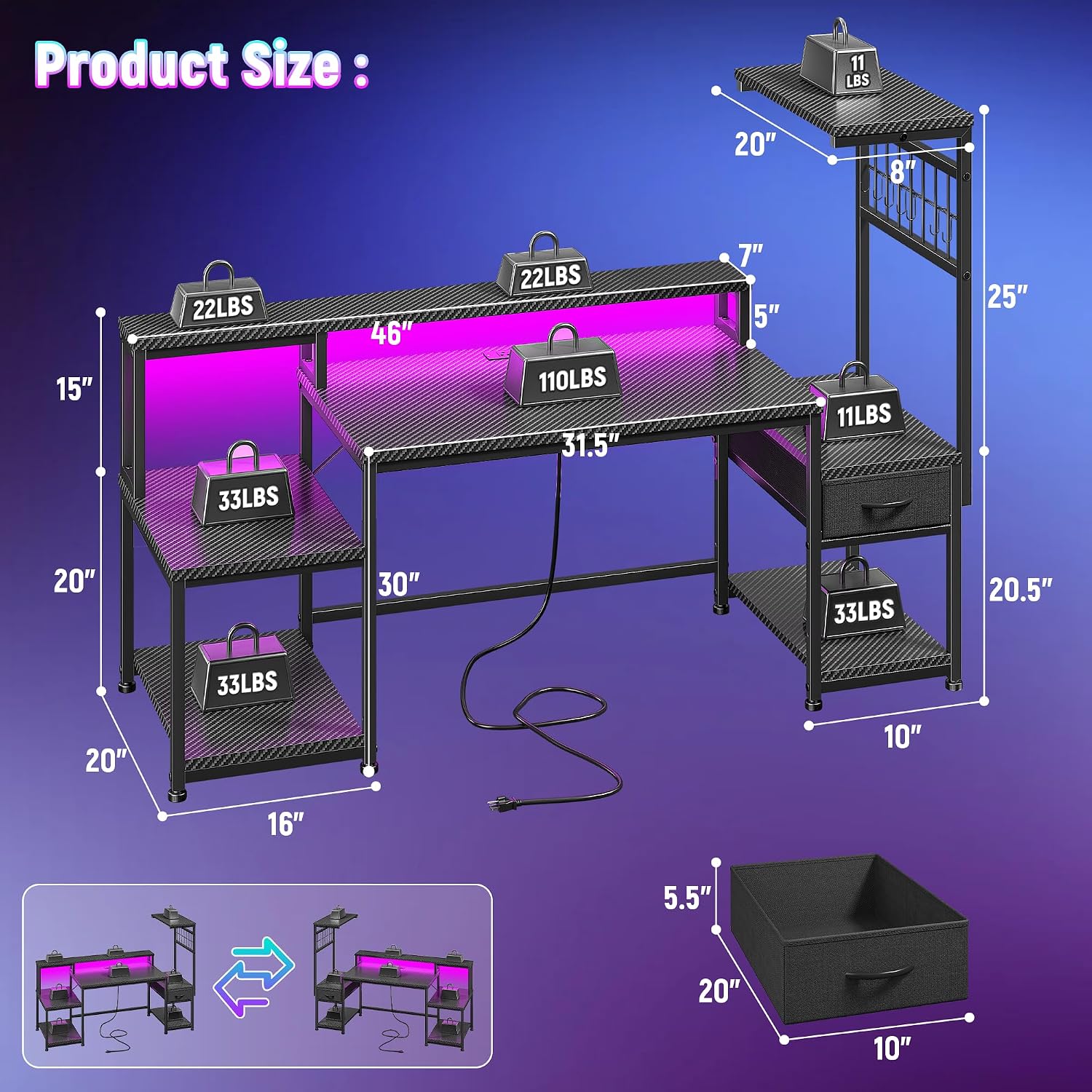 DurayLoly 55' Gaming Desk with LED Lights & Outlets,Computer Desk with Drawers & Monitor Stand,Gaming Table with 3 Storage Shelves, Hooks& Printer Space for Game&Study Room,Home Office,Bedroom,Black