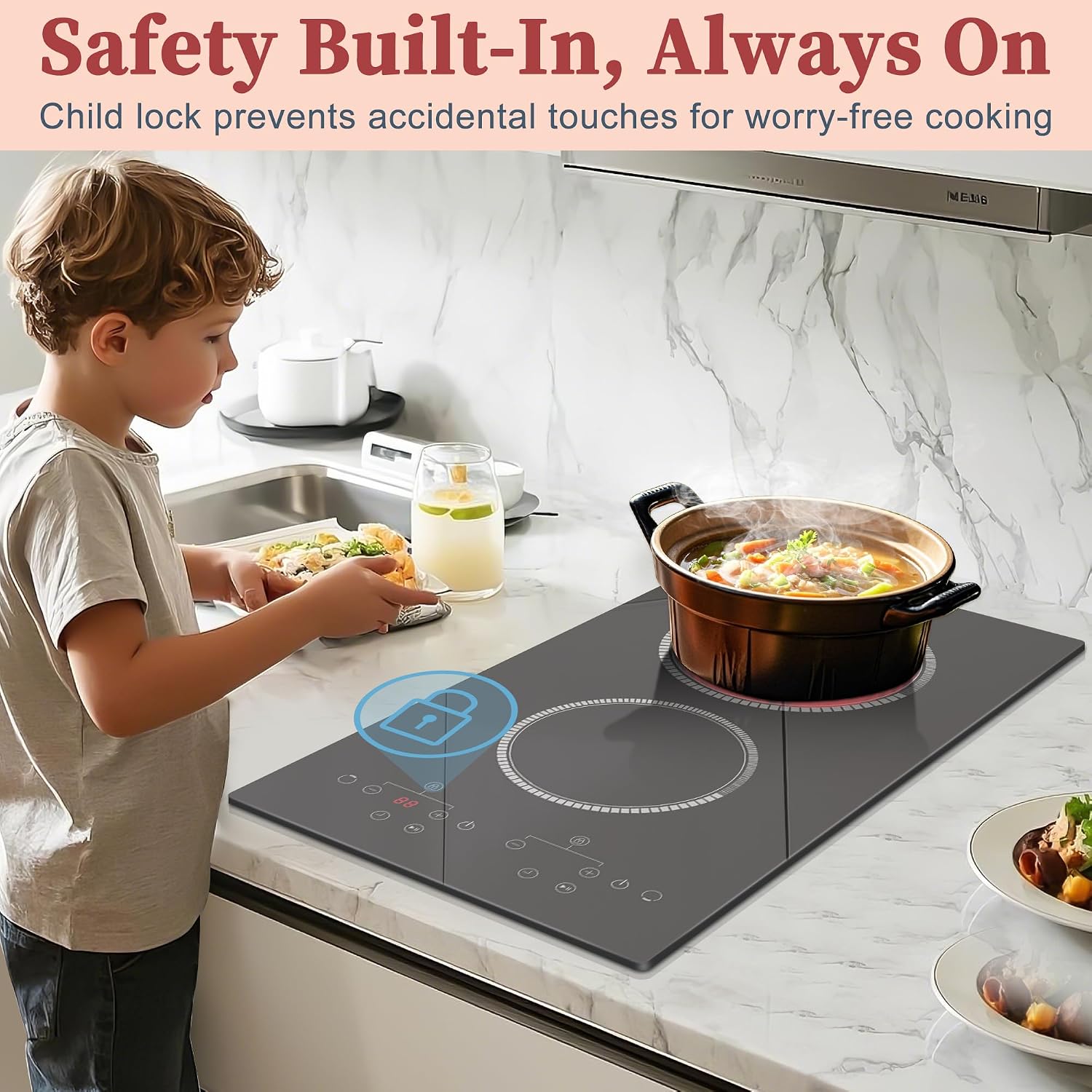 2 Burner Electric Cooktop, 120V Electric Stove Top Touch Control, 12 Inch Double Burner Countertop 2000W with Timer & 9-Level Adjustment, Child Lock, Built-in Radiant Plug In Stove Top Pladeca