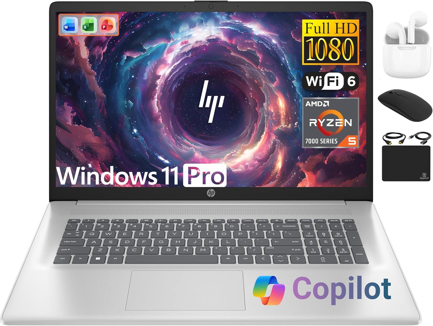 HP 17 Laptop Essential Computer, 17.3 IPS FHD Business PC, 6-Core AMD Ryzen 5, 32GB RAM, 1.5TB Storage (1TB SSD + 500GB Ext), Windows 11 Pro Copilot AI Lifetime Office, HubxcelAccesory, Number Pad