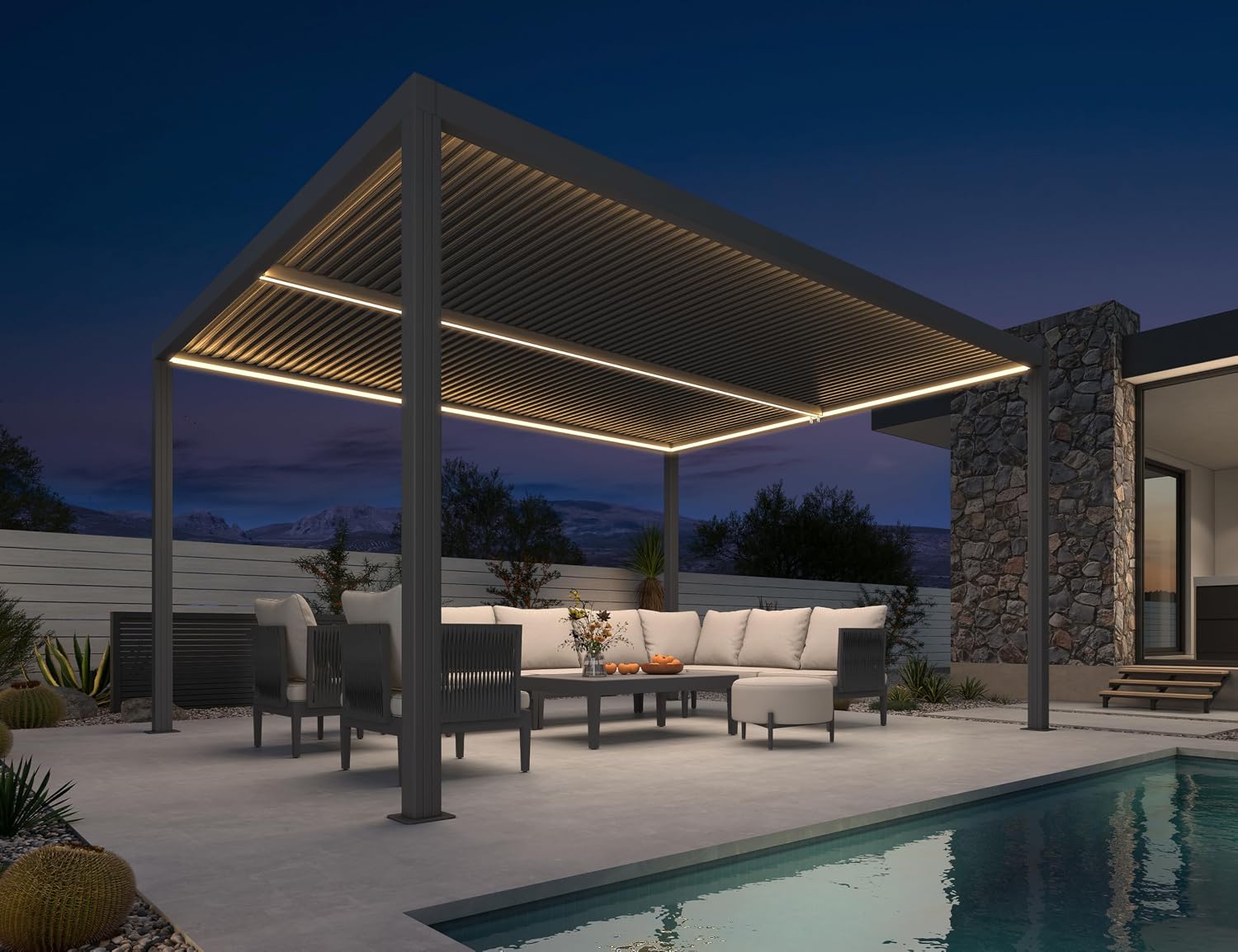 PURPLE LEAF LED Louvered Pergola 94AS 11'x 14' Full Aluminum Frame and Adjustable Roof Integrated Strip Lights for Outdoor Deck Garden Patio Gray Hardtop Gazebo Pergola