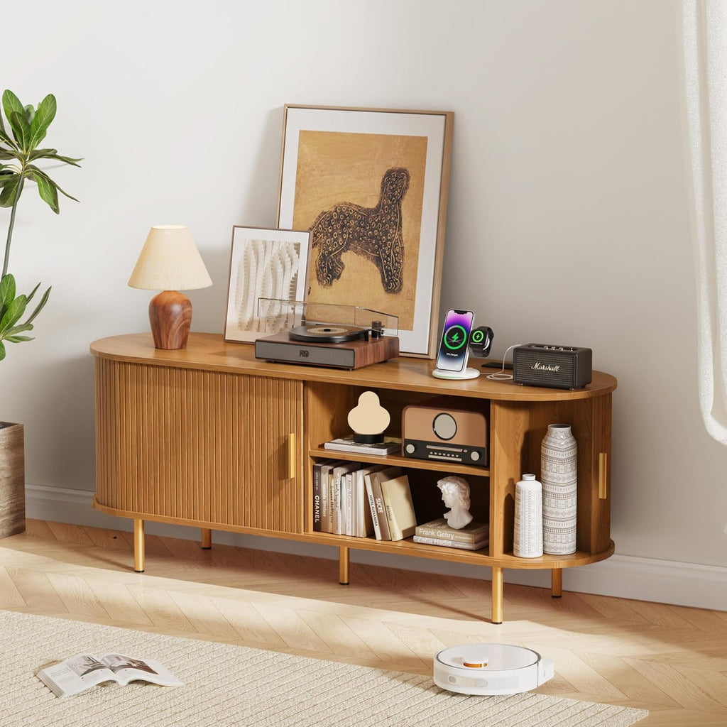 DHH 55 Inch Mid Century Modern TV Stand with Power Outlet for TVs up to 60 Inch, Entertainment Center with Storage and Adjustable Shelves, Media Console with Sliding Doors for Living Room(Yellow)