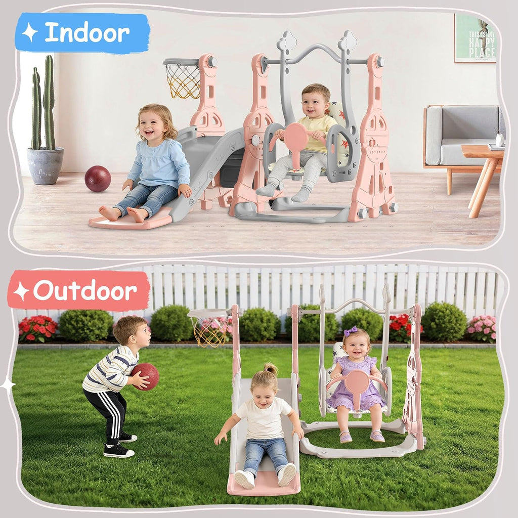 BIERUM Toddler Slide and Swing Set - Baby Slide for Toddlers Age 1-2, with Basketball Hoop, Indoor Outdoor Playset Pink Gray