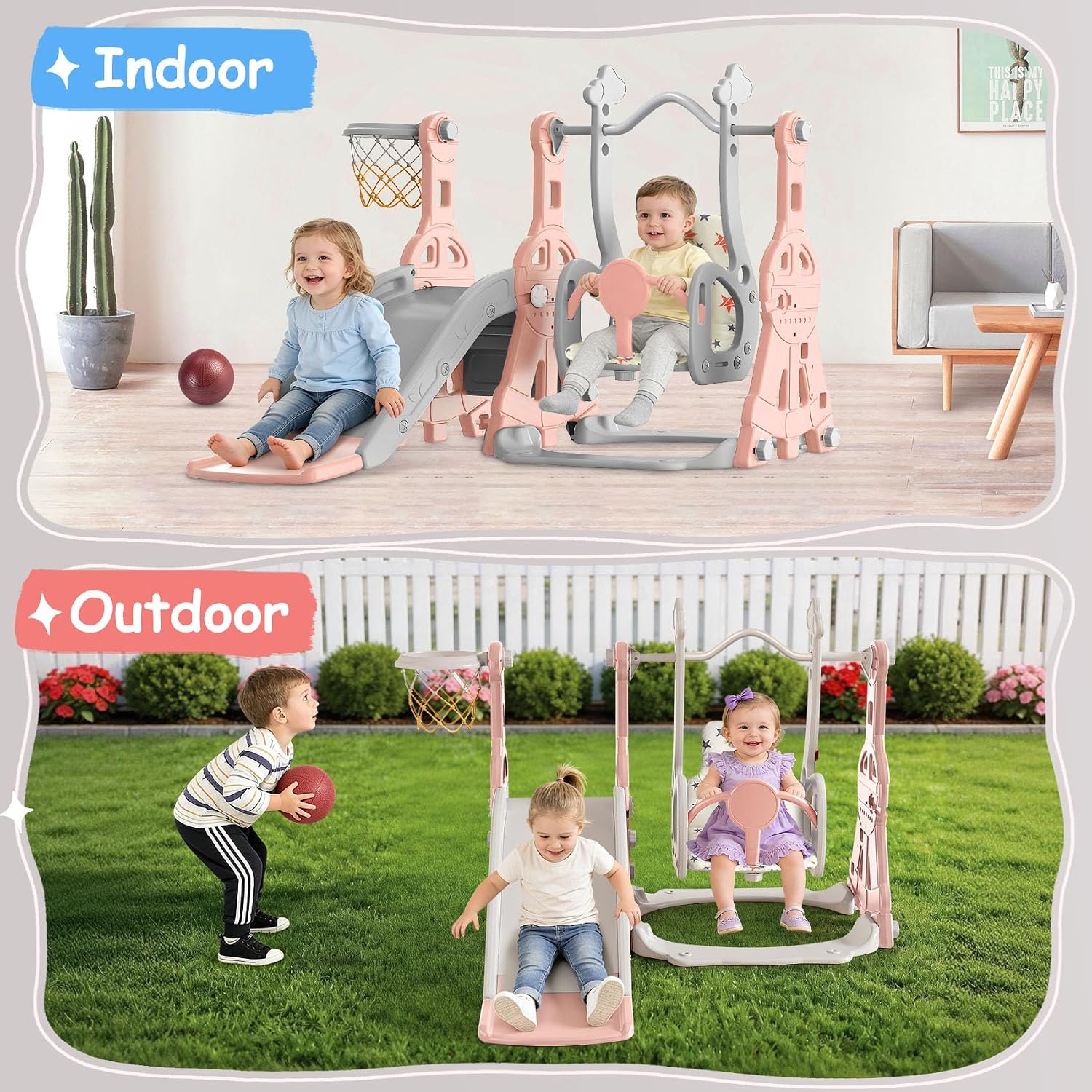 BIERUM Toddler Slide and Swing Set - Baby Slide for Toddlers Age 1-2, with Basketball Hoop, Indoor Outdoor Playset Pink Gray