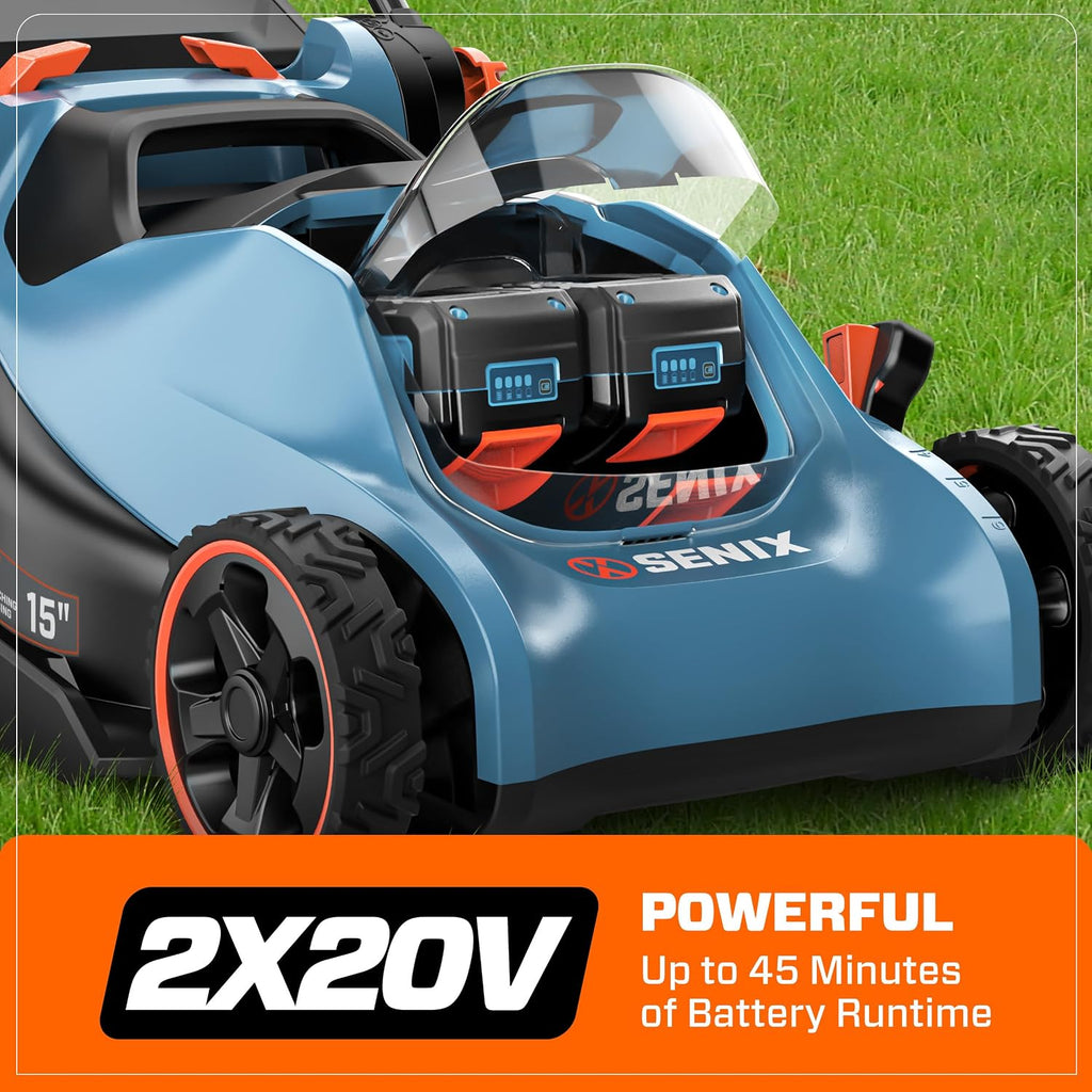 SENIX 40V Max* 15'' Battery Powered Lawn Mower - 1.3 Bushels Grass Bag, 2 X2 4Ah Batteries & 3.0A Charger Included (LPPX2-M4)