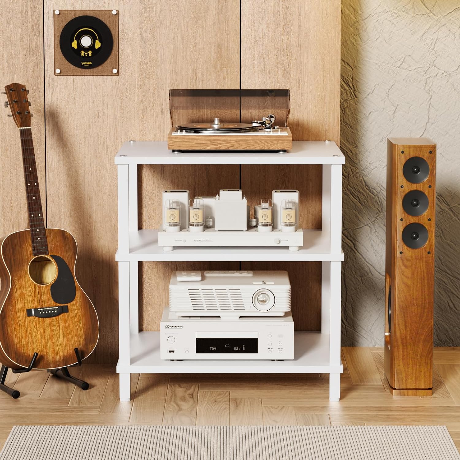 LELELINKY 3-Tier AV Media Player Stand Set of 2, White Stereo Cabinet, Wooden TV Stand,Game Console Shelf, Multifunctional Entertainment Center, Suitable for Home, Conference Room, Game Studio