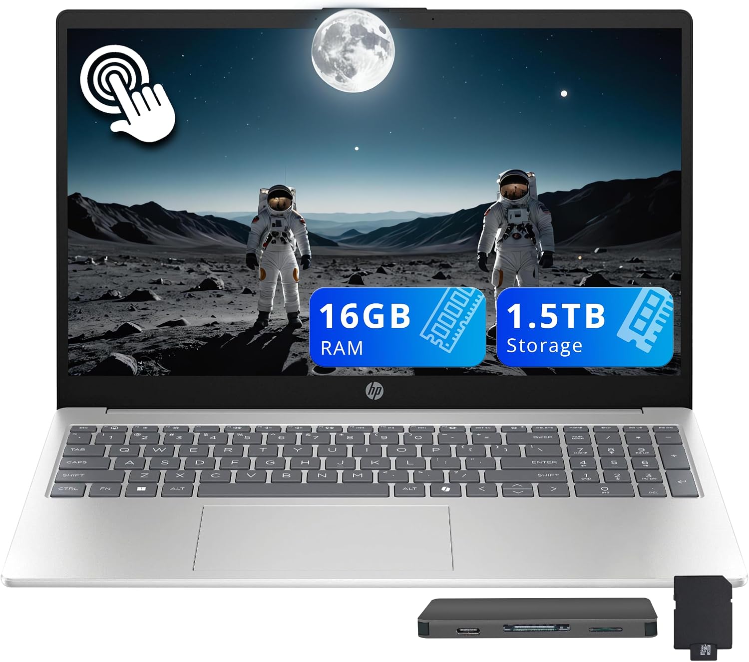 HP 15.6' FHD Touchscreen Laptop, Intel i5-1334U, 16GB DDR4 RAM, 1.5TB Storage (512GB SSD+1TB Docking Station Set), Intel Graphics, Copilot AI, Numeric Keypad, Webcam, Wi-Fi 6, Win 11, Silver