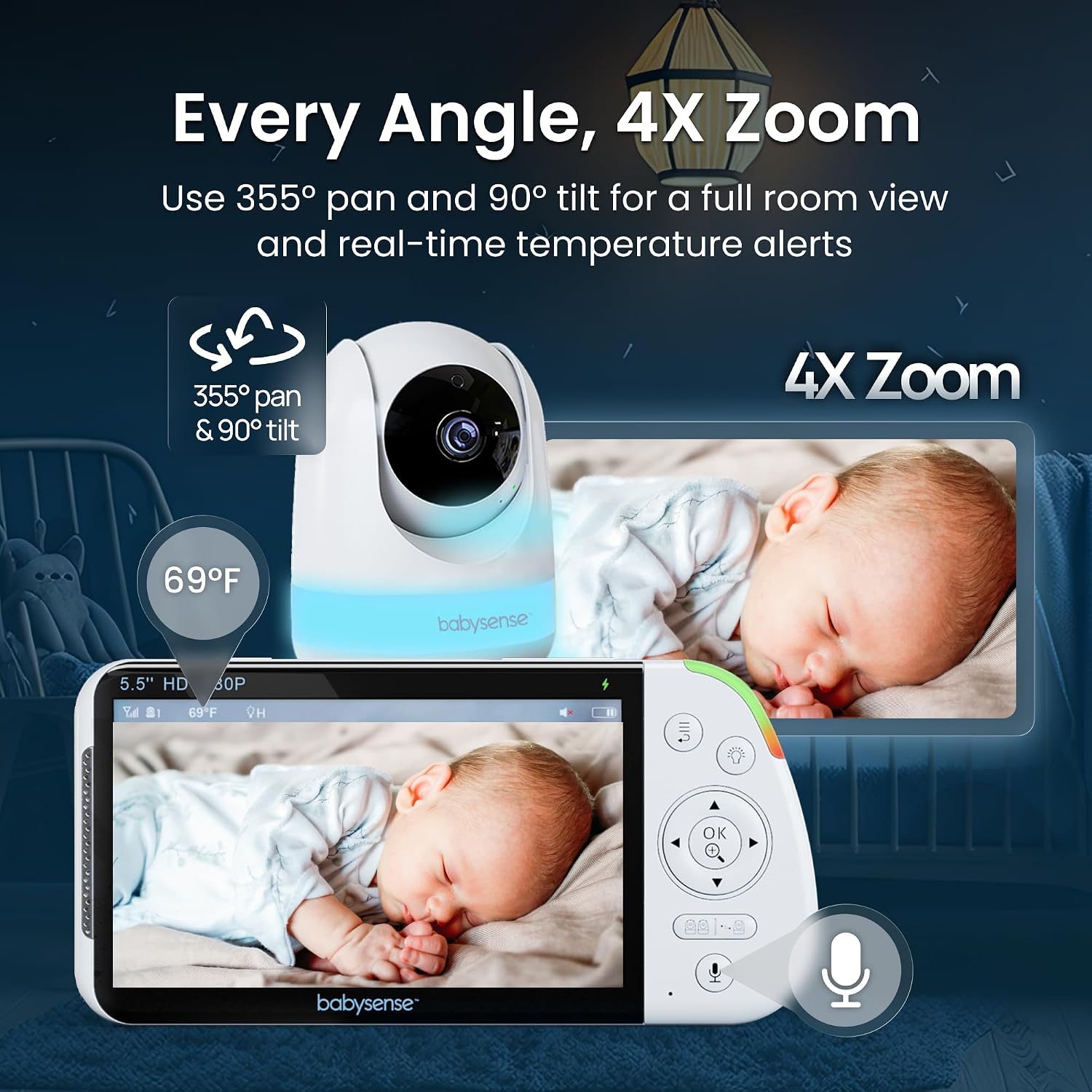 Babysense 5.5' Full-HD Split-Screen Baby Monitor, Video Baby Monitor with Camera and Audio, 3 Cameras with 6-Color RGB Night Light, 1000ft Range, 5000mAh Battery