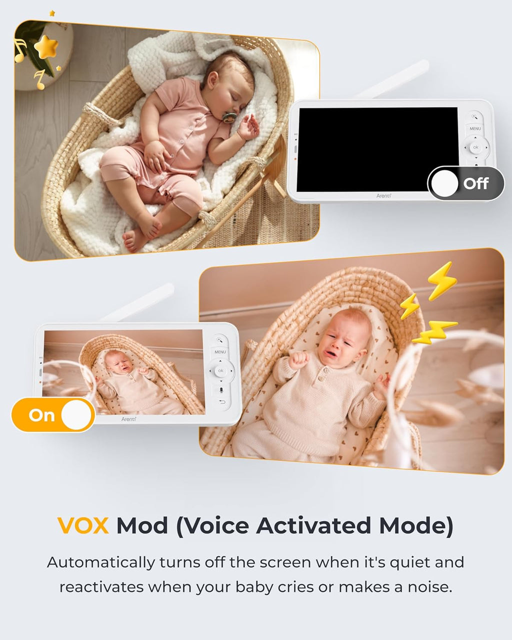 ARENTI 4MP Baby Monitor with 2 Cameras, 5' Screen Video Baby Monitor, Dual-Band 2.4G/5G WiFi with App, Split-Screen View, Auto Tracking, Cry&Motion Detection, Temp&Humidity, Night Vision, 2-Way Talk