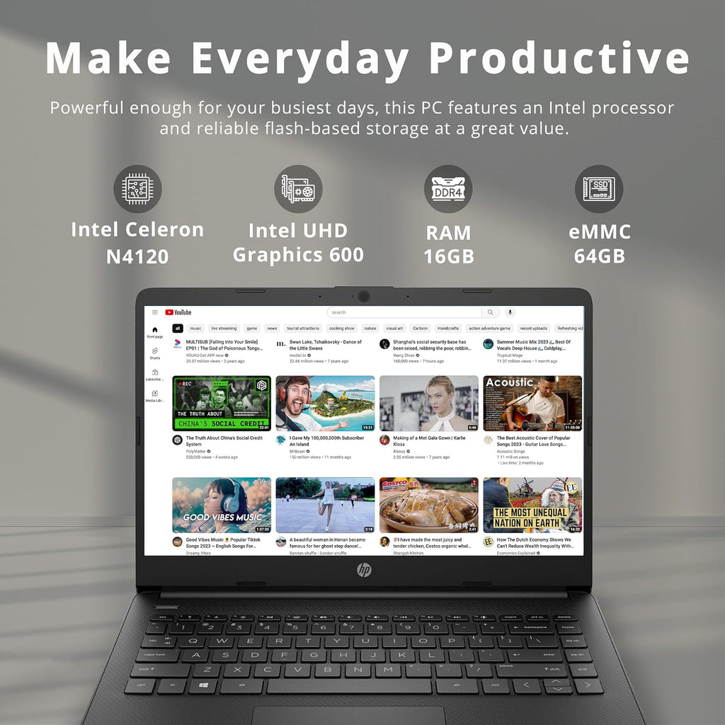 HP Stream 14' HD BrightView Laptop, Intel Celeron N4120 Processor, 16GB RAM, 64GB SSD, Intel UHD Graphics, 720p Webcam, WiFi, HDMI, Win 11 S, Black (Renewed)