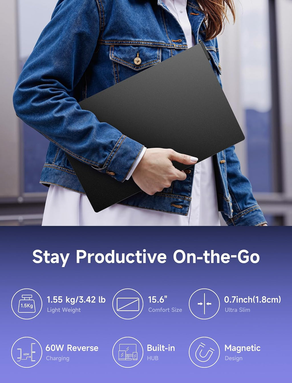 JSAUX FlipGo Lite 15.6' Portable Dual Stacked Monitor, 1080P FHD IPS Laptop Screen Extender One Cable for Triple Monitor Setup (For Windows&Linux) with Magnetic Design, Built-in Hub,No Driver Required