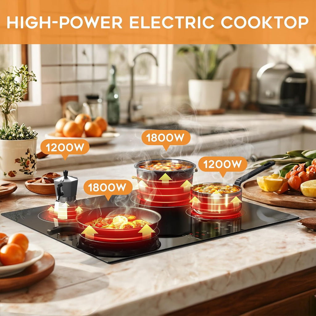 Noxton 24 Inch Electric Cooktop 4 Burners, Built in Electric stove top, Sensor Touch Ceramic Cooktop with Safety Lock, Timer, 6000W 220~240V (No Plug)