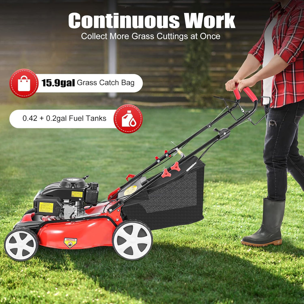 20In 6HP Gas Lawn Mower Self Propelled, 140cc 4-Stroke Gas Push Mower, with 1.6L Fuel Tank, 8 Adjustable Heights, Ideal for Small to Medium Sized Gardens