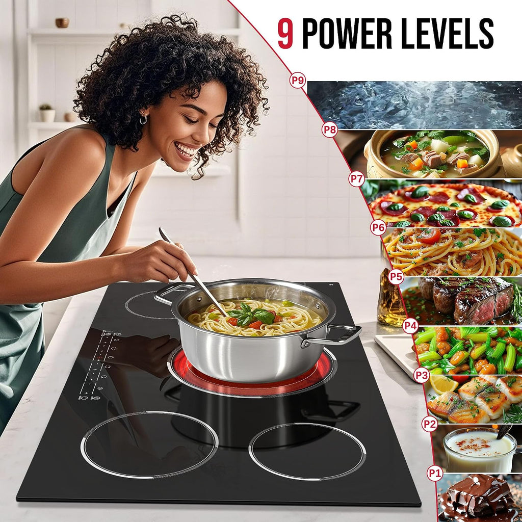 5 Burner Electric Cooktop, 36 Inch Electric Stovetop 9600W, Built-in Ceramic Hob with BBQ Burner, Touch Control, Child Safety Lock, Timer, Pause, 220-240V, Hard Wire, No Plug