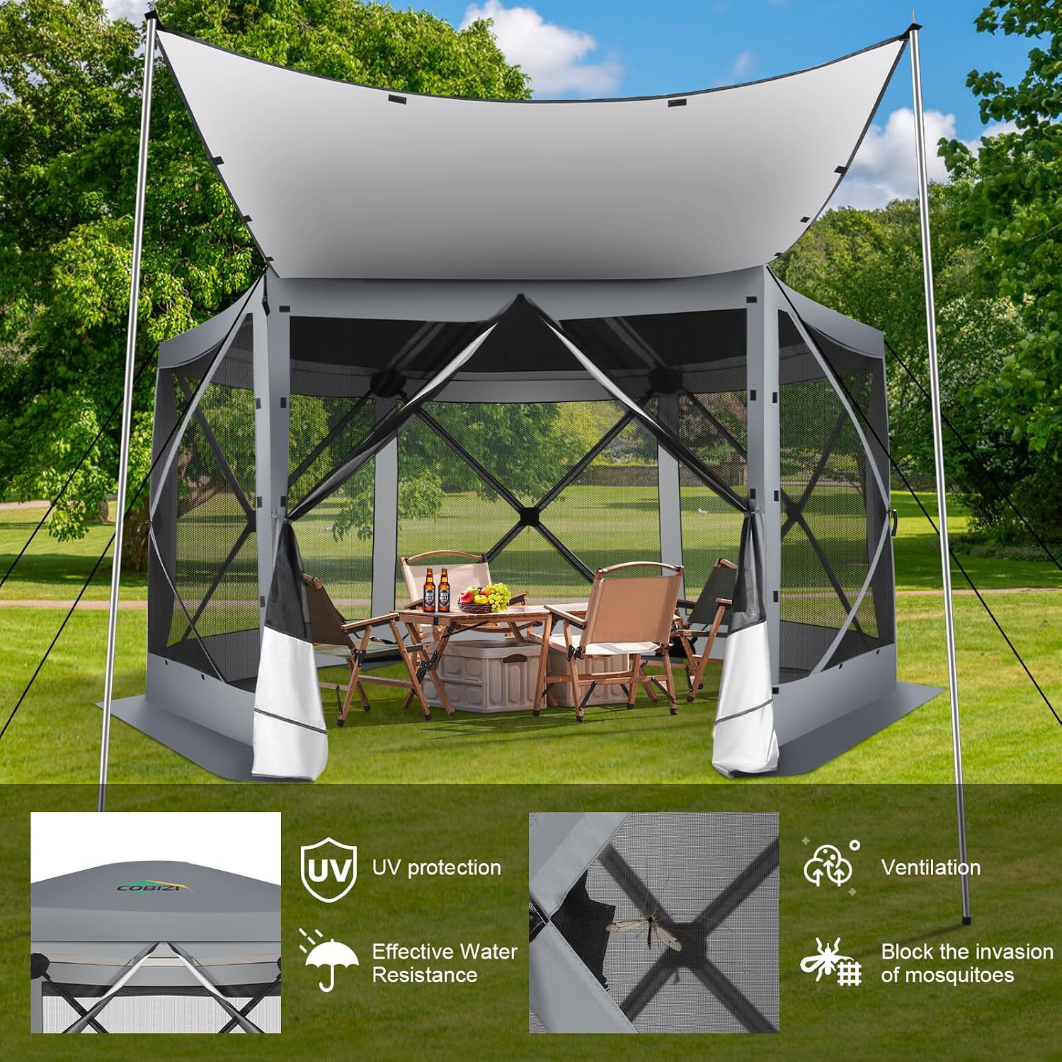 COBIZI 12x12 FT Pop Up Canopy Extendable Tent, Gazebos On Clearance With Removable Roof, Screened In Gazebo,Screen Tents Portable carpas para patio for Outdoor Camping,Backyard, Garden, Grey(Upgraded)