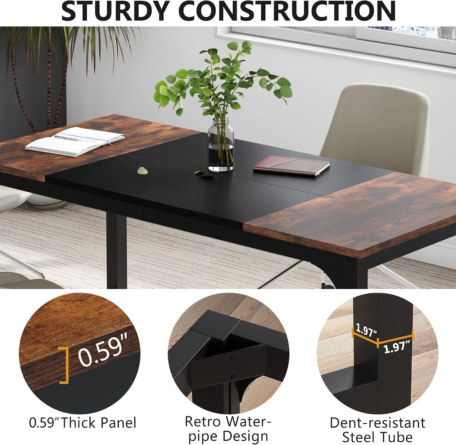 Tribesigns 63' Executive Desk, Large Office Computer Desk with Thicken Frame, Modern Simple Workstation Business Furniture for Home Office, Rustic Brown/Black
