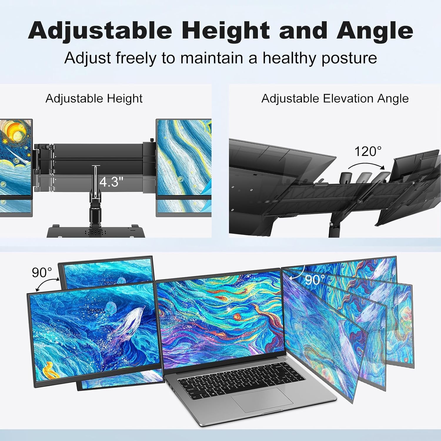 DEPGI 14' Laptop Screen Extender Built-in Cooler, 1200P FHD One Cable Connect Portable Triple Monitor, Dual Screen Monitor Fits 13'-17.3' Laptop with Stand for MacOS/Windows