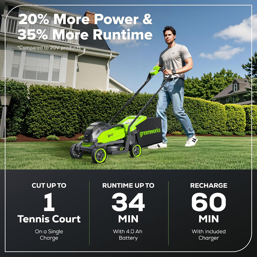 Greenworks 24V 13' Brushless (Push) Cordless Lawn Mower, 4.0Ah Battery and Charger