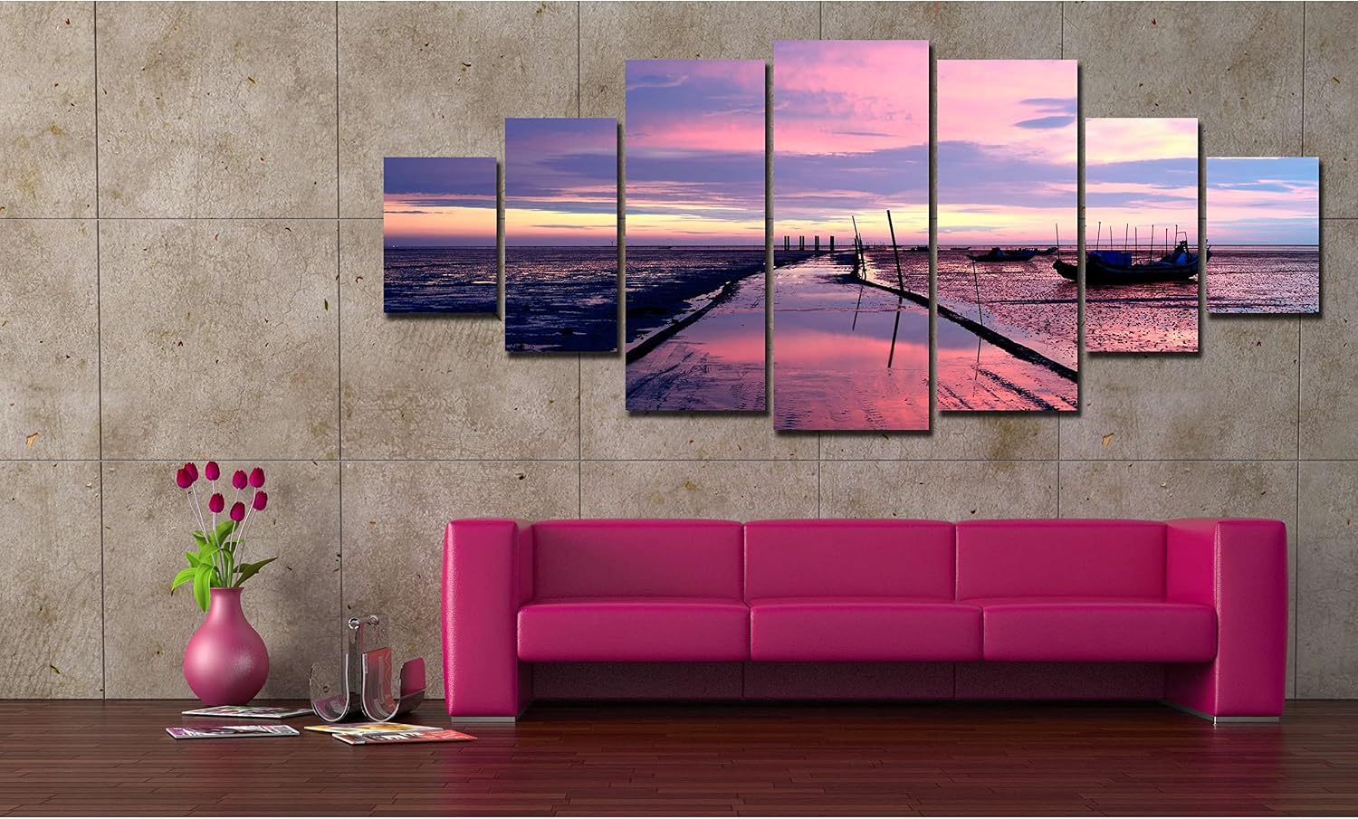 Startonight Huge Canvas Wall Art Purple Sea View - Large Framed Set of 7 40' x 95'