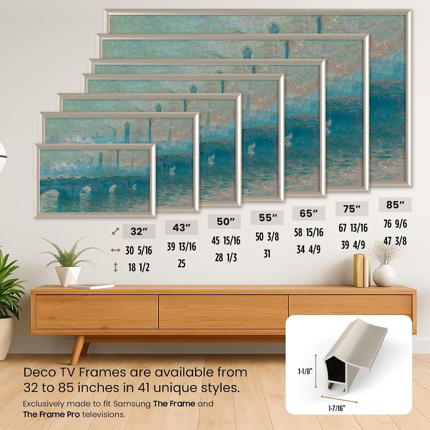 German Silver Prismatic 65' Alloy Deco TV Frame - Compatible ONLY with Samsung The Frame TV and Pro TVs (Fits 2021-2026, LS03A, LS03B,LS03C,LS03D,LS03FA,LS03FW)