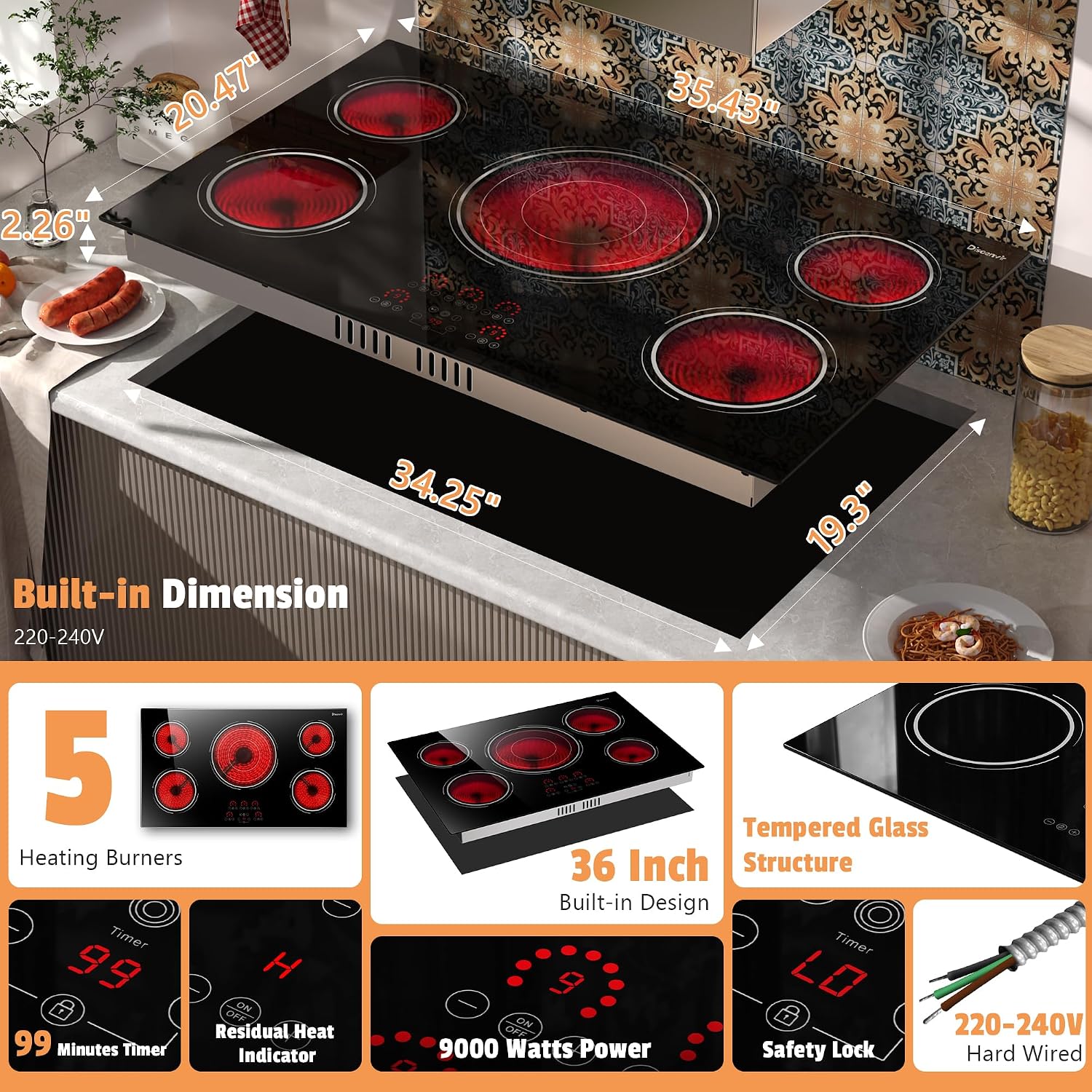 36 Inch Electric Cooktop - 9400W Powerful 5 Burner Electric Stove, 220V Built-in(34.25'x19.3') Ceramic Stove Top 36 Inches with Triple Ring, Timer, Safety Lock, Pause, 220V-240V Hard Wired