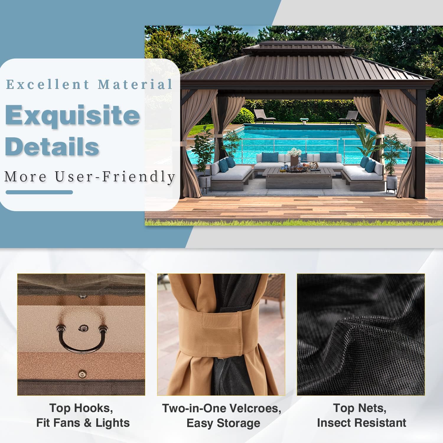 MELLCOM 12'x16' Hardtop Gazebo, Galvanized Steel Metal Double Roof Canopy with Curtains and Netting, Brown Permanent Pavilion Gazebos with Aluminum Frame for Patio, Lawn & Garden