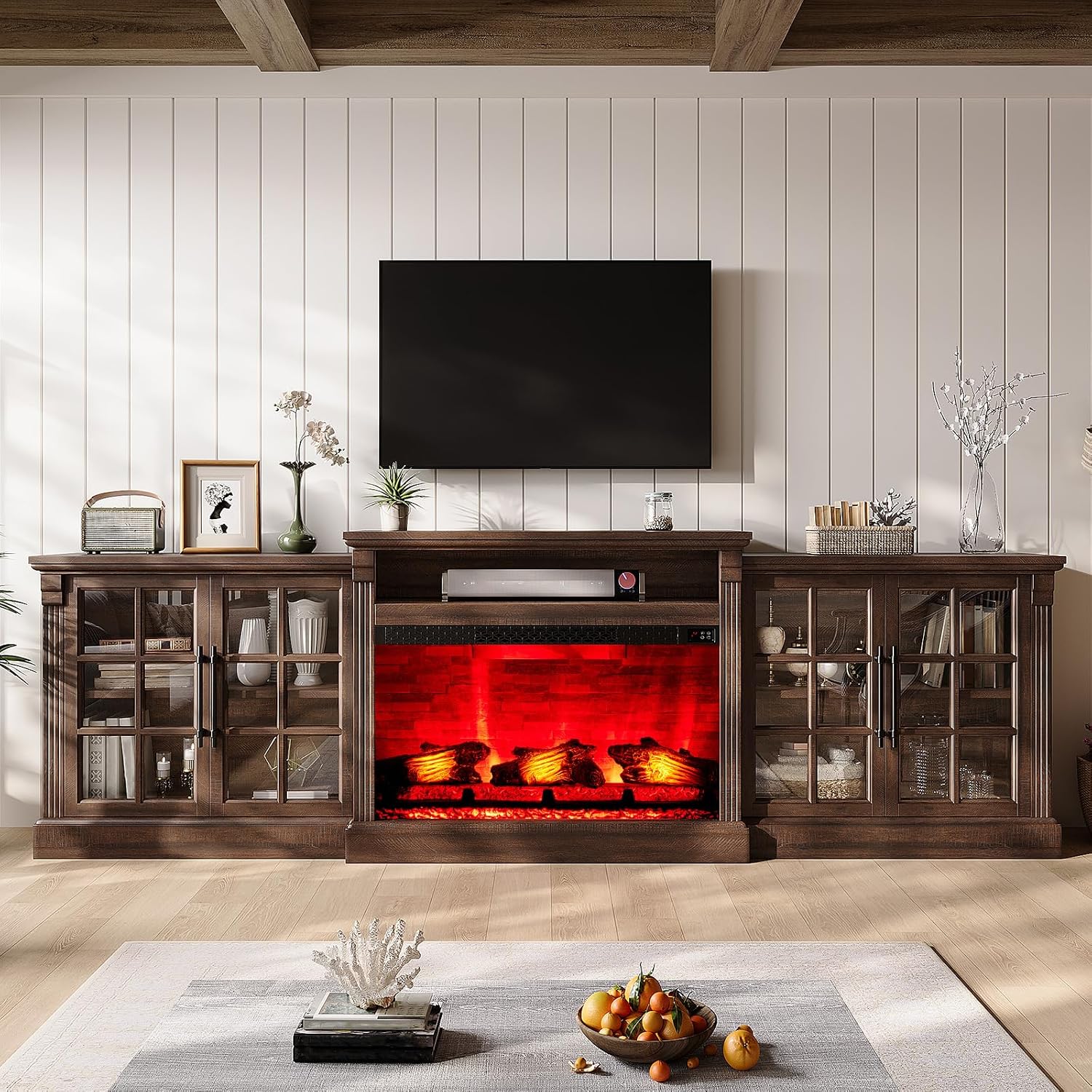 LUXOAK 97' Farmhouse TV Stand with 33' Fireplace for TVs up to 100', Media Entertainment Center with Large Storage Cabinet and Adjustable Shelves for Living Room, Rustic Brown