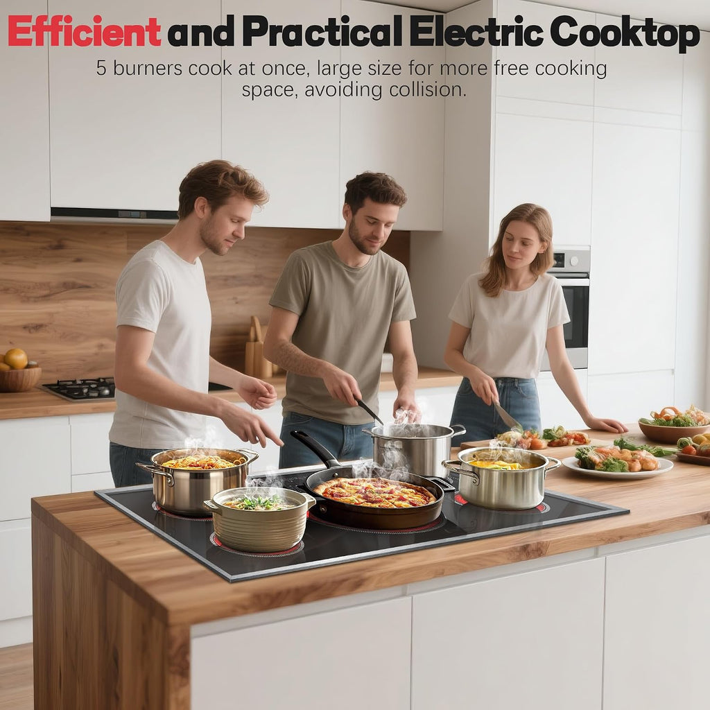 36 Inch Electric Cooktop, 5 Burner Stove Top Touch Control, 36' Glass Ceramic Stove Top 9600W with BBQ & Flexible Zone, Child Lock, Timer, Overheat Protection, 220-240V Hard Wired (No Plug)