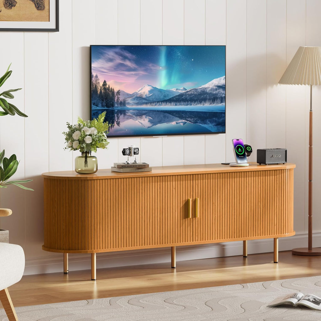 DHH 63 Inch Mid Century Modern TV Stand with Power Outlet for TVs up to 70 Inch, Entertainment Center with Storage and Adjustable Shelves, Media Console with Sliding Doors for Living Room(Yellow)