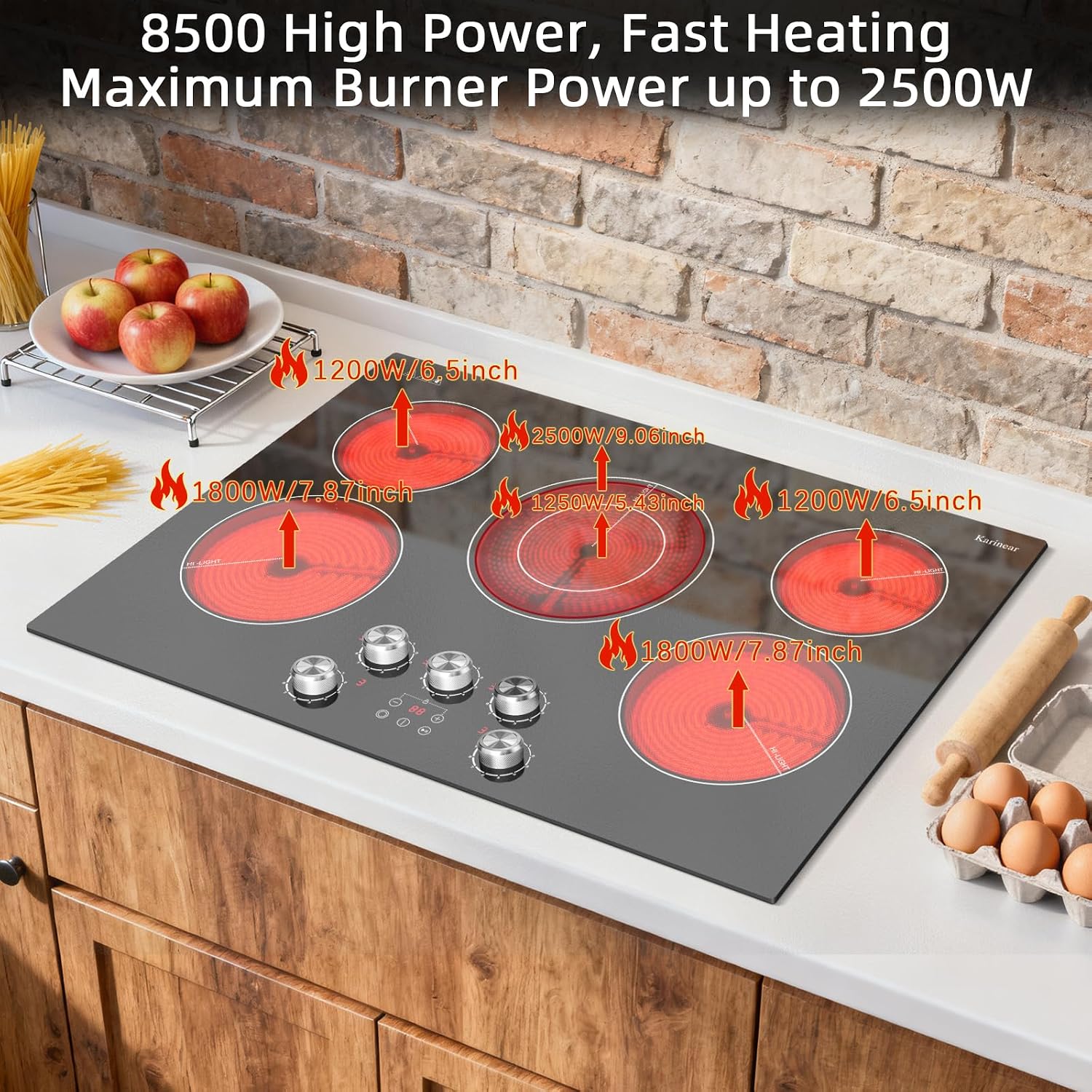 Karinear Electric Cooktop 30 Inch, 5 Burner Radiant Cooktop with Knob & Touch Control, 8500W 240V Built-in Stove Top, 9 Power Levels, Timer, Child Lock, Pause, Residual Heat Indicator(Sliver Knob)