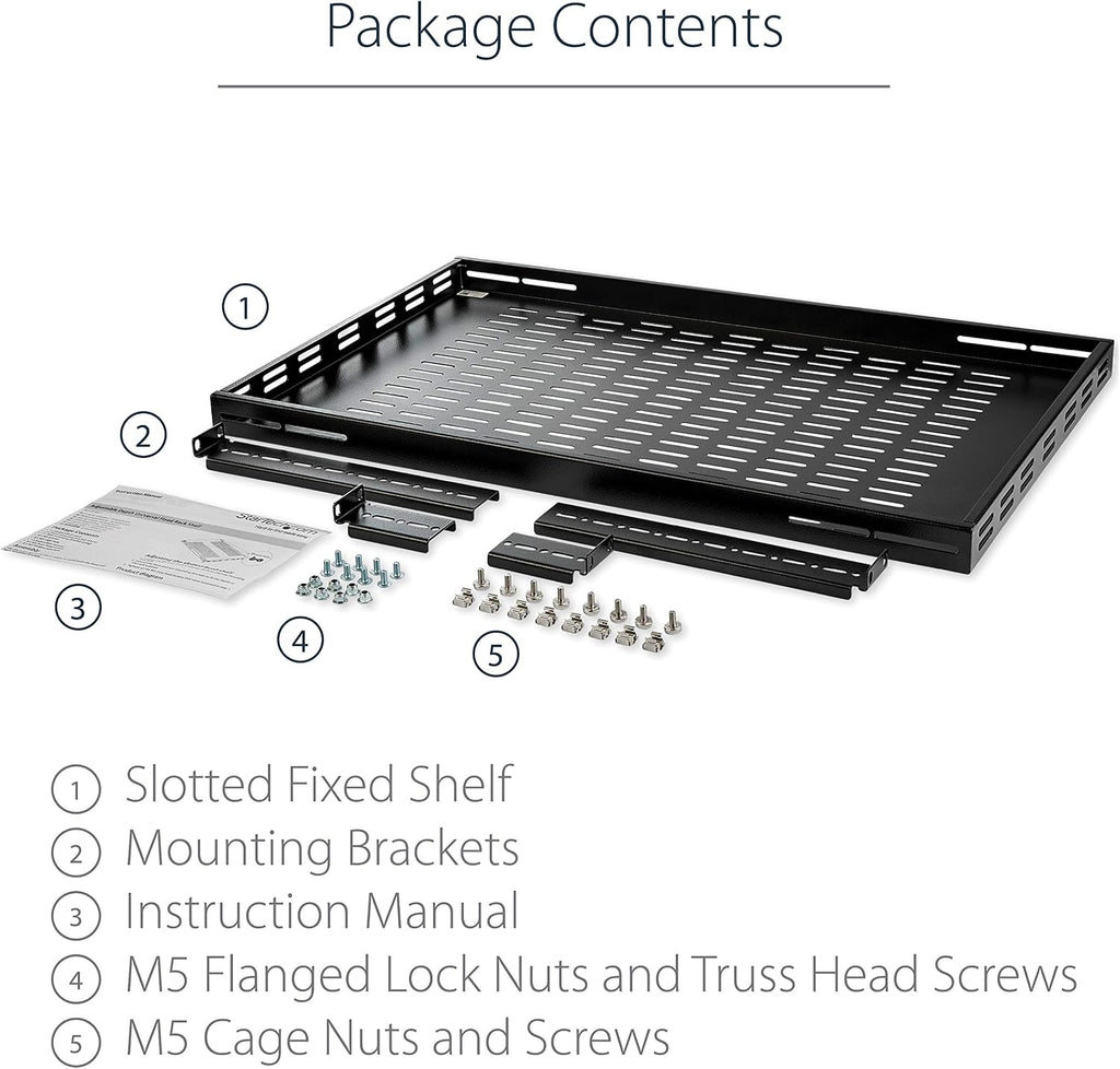 StarTech.com 1U Adjustable Vented Server Rack Mount Shelf - 175lbs - 19.5 to 38in Adjustable Mounting Depth Universal Tray for 19' AV/ Network Equipment Rack - 27.5in Deep , TAA (ADJSHELF)