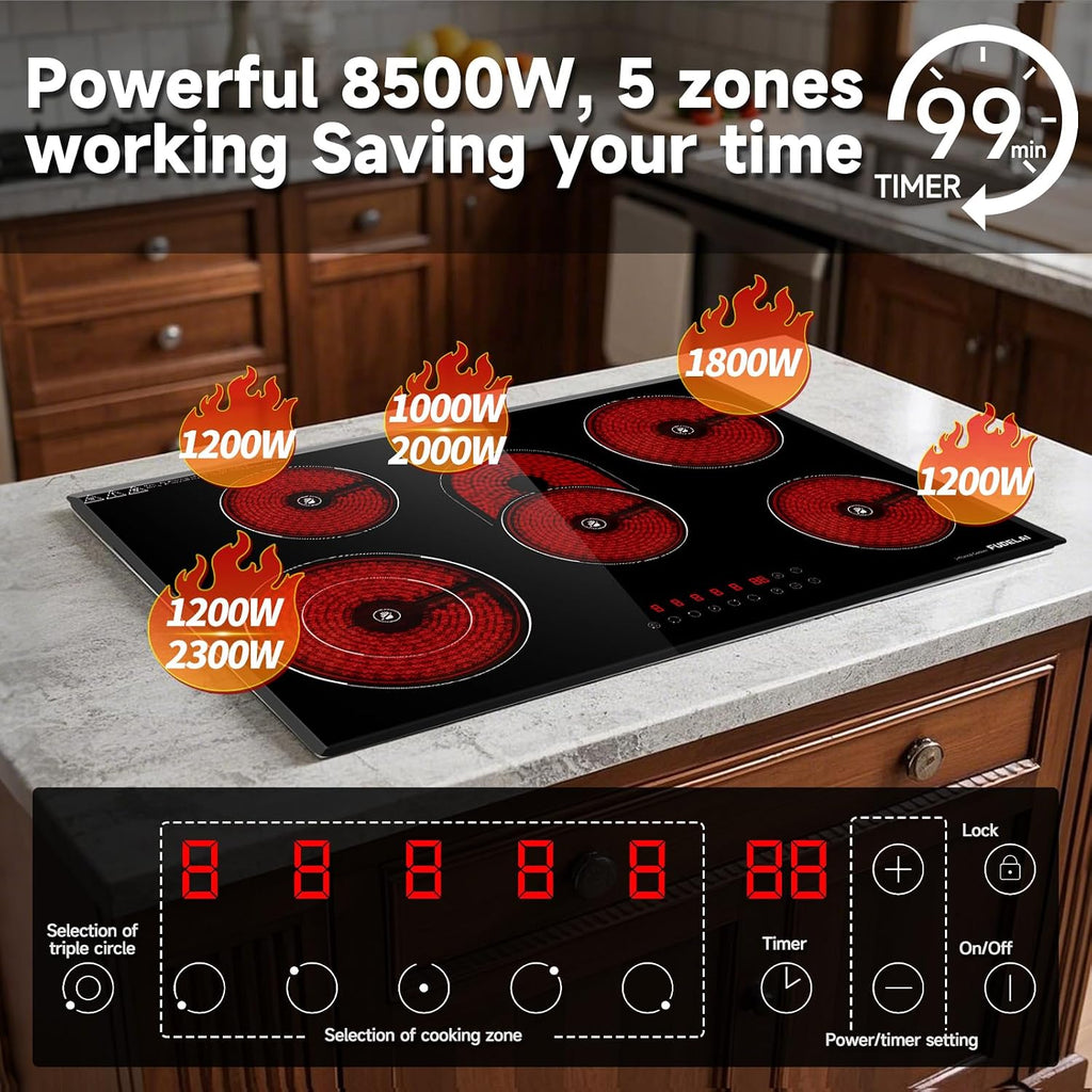 30 Inch Electric Cooktop 5 Burners, 30' 8500W Infrared Cooker with Touch Control & Timer, Built-in/Countertop 9 Power Levels, Child Lock, Auto Safety, Easy-Clean Glass (No Plug)