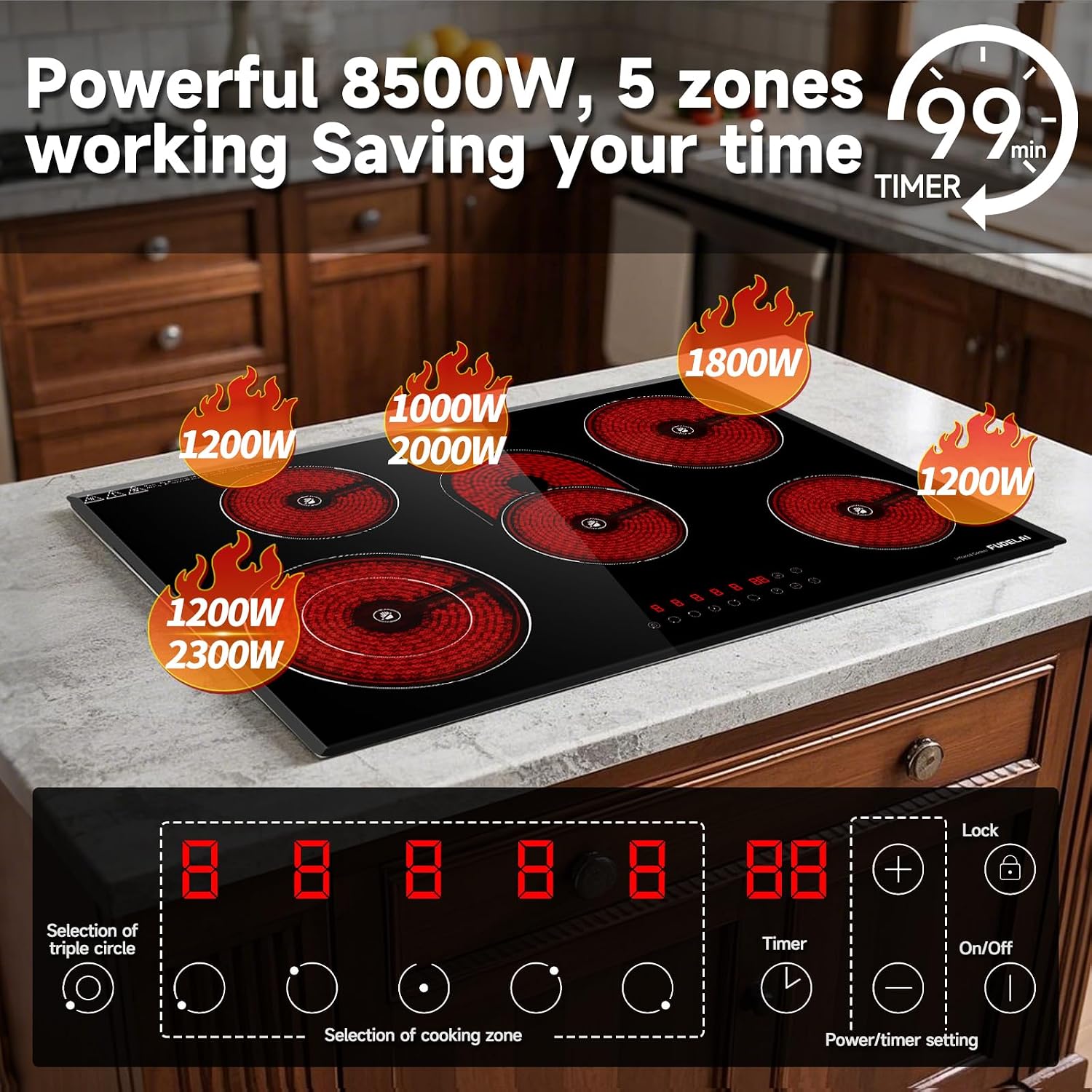 30 Inch Electric Cooktop 5 Burners, 30' 8500W Infrared Cooker with Touch Control & Timer, Built-in/Countertop 9 Power Levels, Child Lock, Auto Safety, Easy-Clean Glass (No Plug)