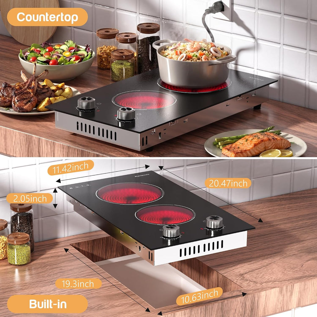 2 Burner Electric Cooktop 110V Karienvir, Plug in Electric Stove Top Burner 2000W, Cooktop Knob Controls, 12 Inch Countertop & Built-In Portable Kitchen Cooktop, 9 Power Levels, Residual Heat Warnings