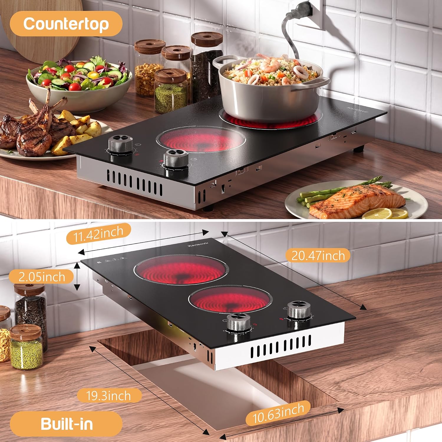 2 Burner Electric Cooktop 110V Karienvir, Plug in Electric Stove Top Burner 2000W, Cooktop Knob Controls, 12 Inch Countertop & Built-In Portable Kitchen Cooktop, 9 Power Levels, Residual Heat Warnings