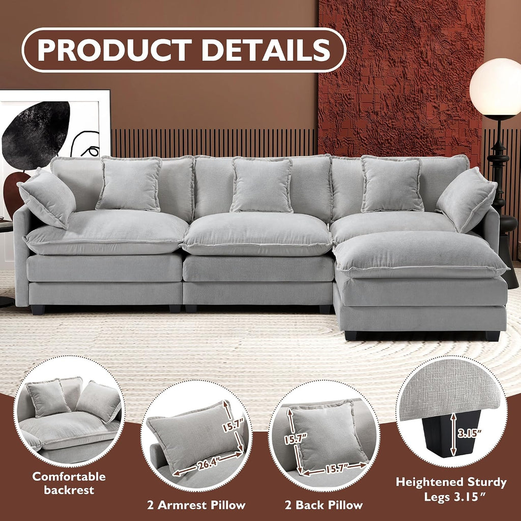 Ihanherry 111.4' L Shaped Modern Sofa Modular Sectional Cloud Couch with Ottoman, 4-Seat Chenille Deep Seat Sofa with Pillow for Living Room, Bedroom and Apartment, Grey