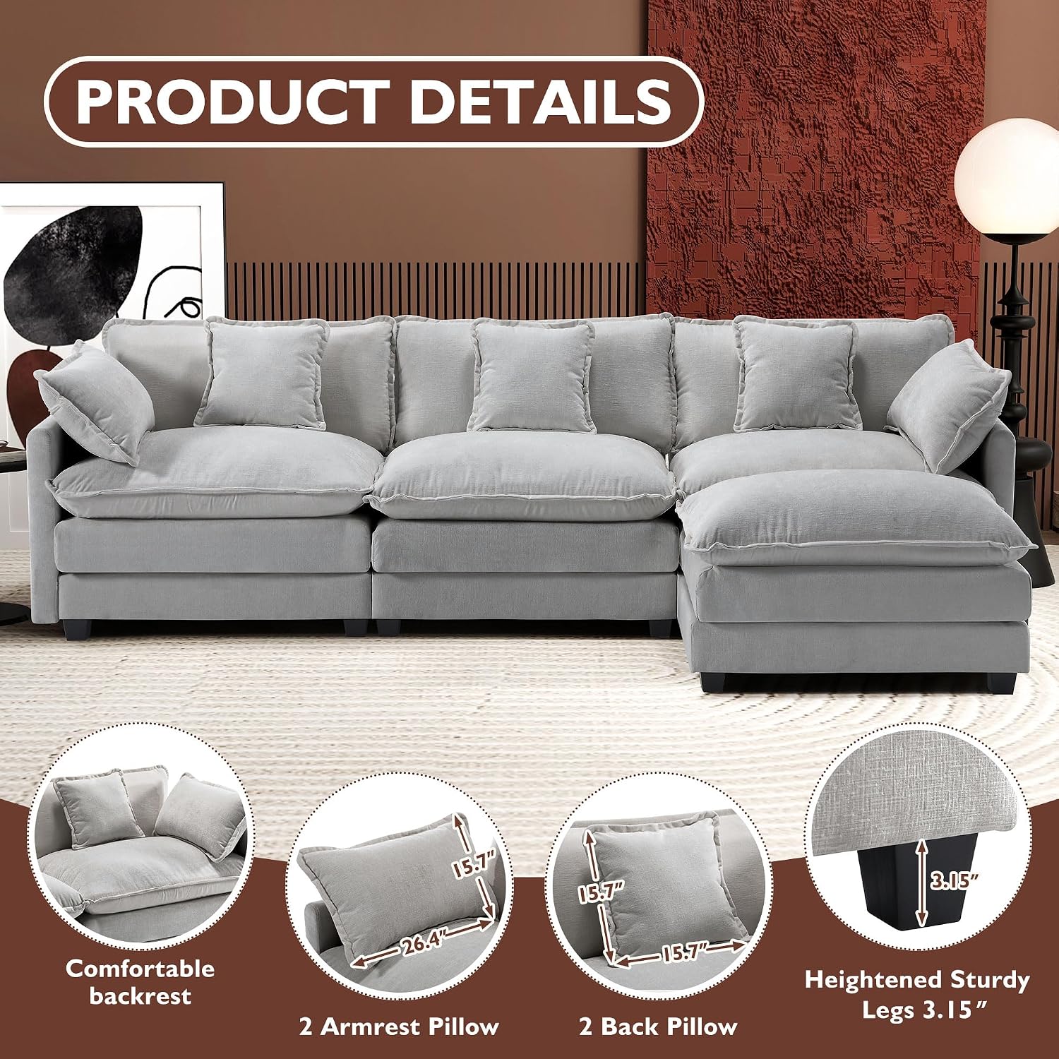 Ihanherry 111.4' L Shaped Modern Sofa Modular Sectional Cloud Couch with Ottoman, 4-Seat Chenille Deep Seat Sofa with Pillow for Living Room, Bedroom and Apartment, Grey