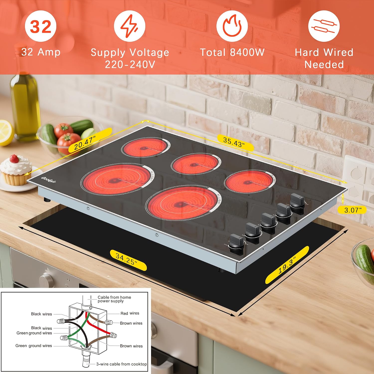 36 Inch Electric Cooktop - Built-in(34.25'x19.3') 5 Burner Electric Stove with 8400W High Power, 36' Large 5 Zones Radiant Ceramic Stove Knob Control, Residual Heat Indicator, 220V Hard Wired