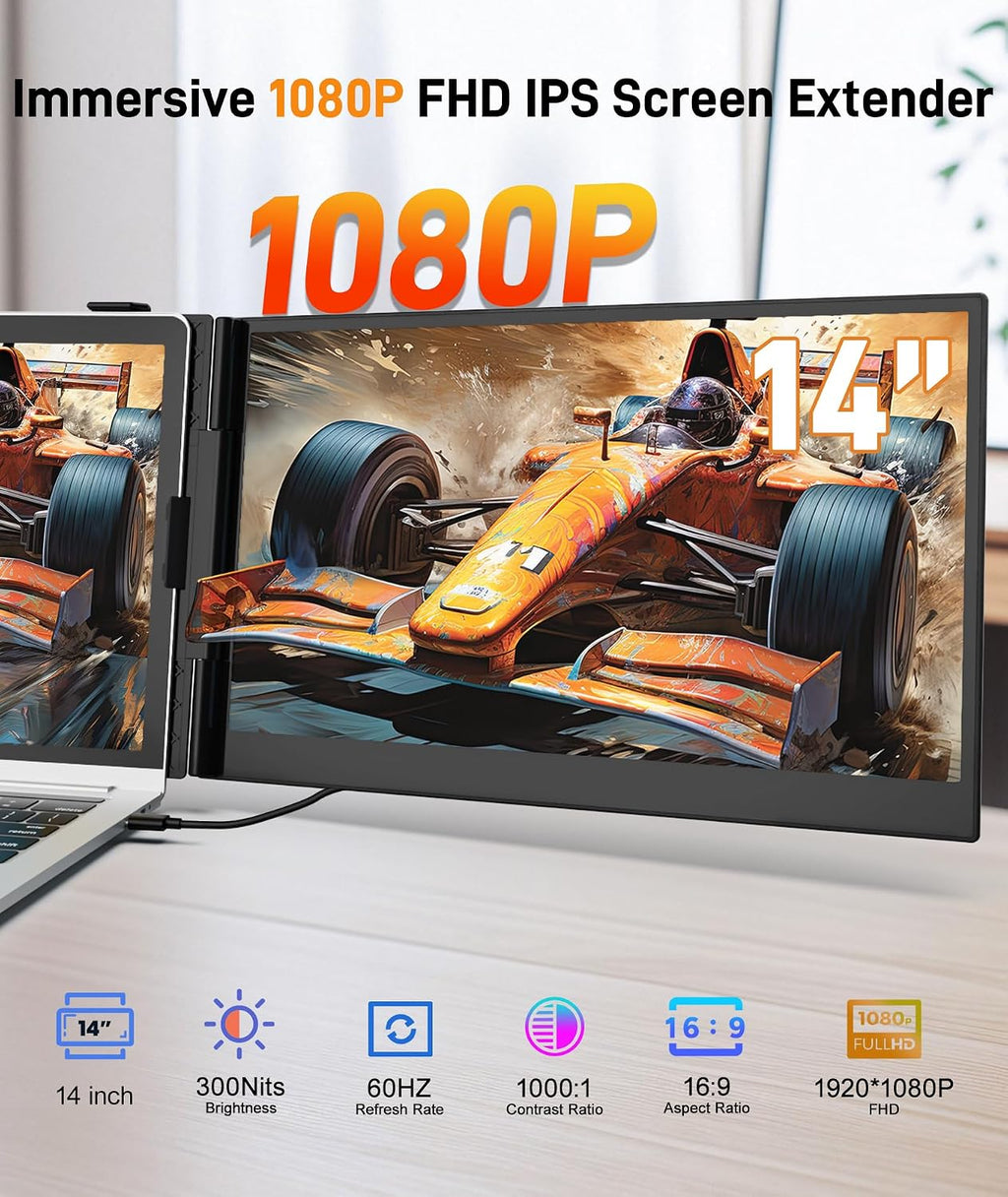 Laptop Screen Extender, Ultra-Thin 14' FHD 1080P IPS Portable Monitor for 13'-17' Laptop, 1.3lbs Lightweight Dual Monitor Extender, Plug & Play for Wins/Mac/Android/Chrome