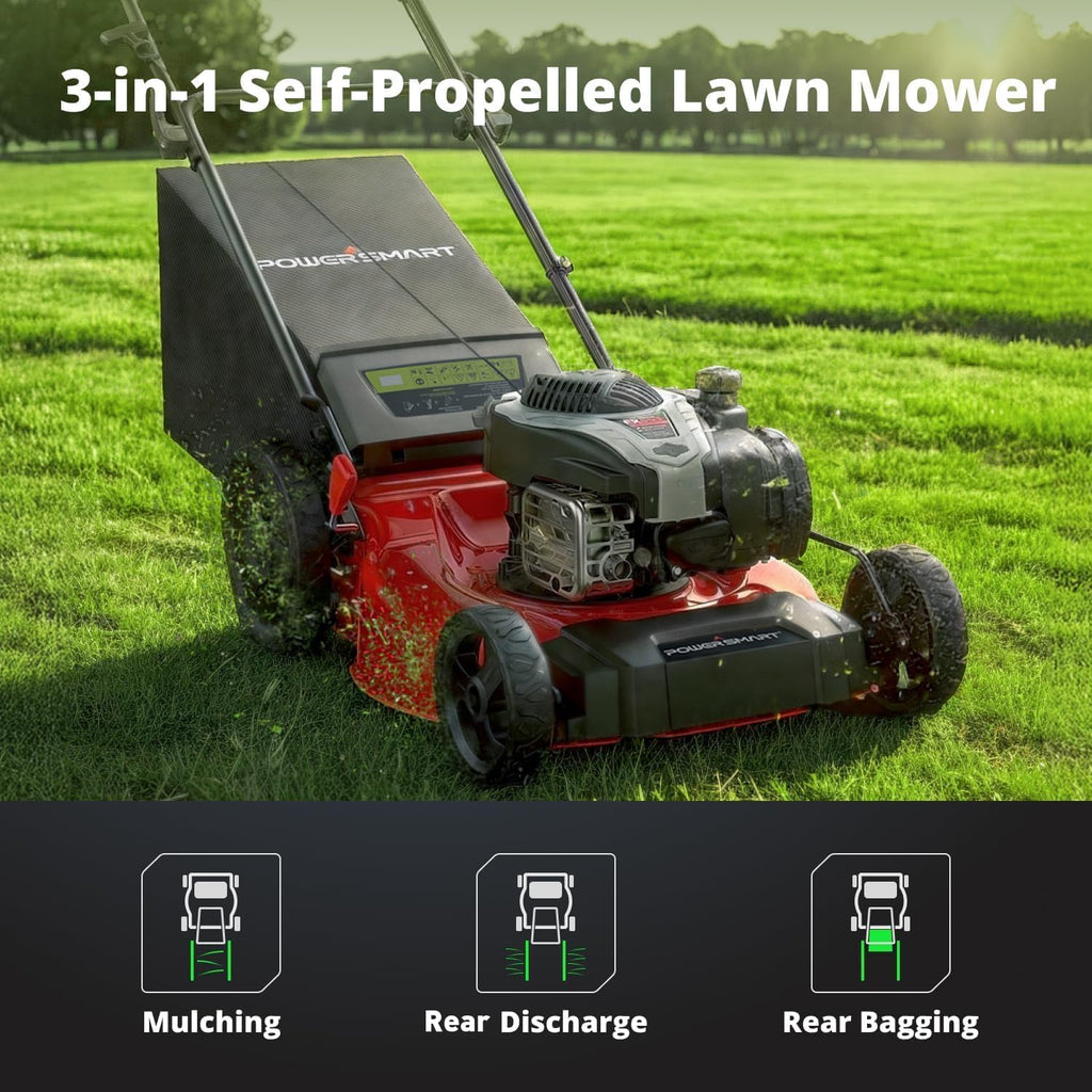 PowerSmart 21-Inch Self-Propelled Lawn Mower - 140cc B&S Engine, 3-in-1 Mulching, 6 Cutting Heights, Heavy-Duty Steel Deck