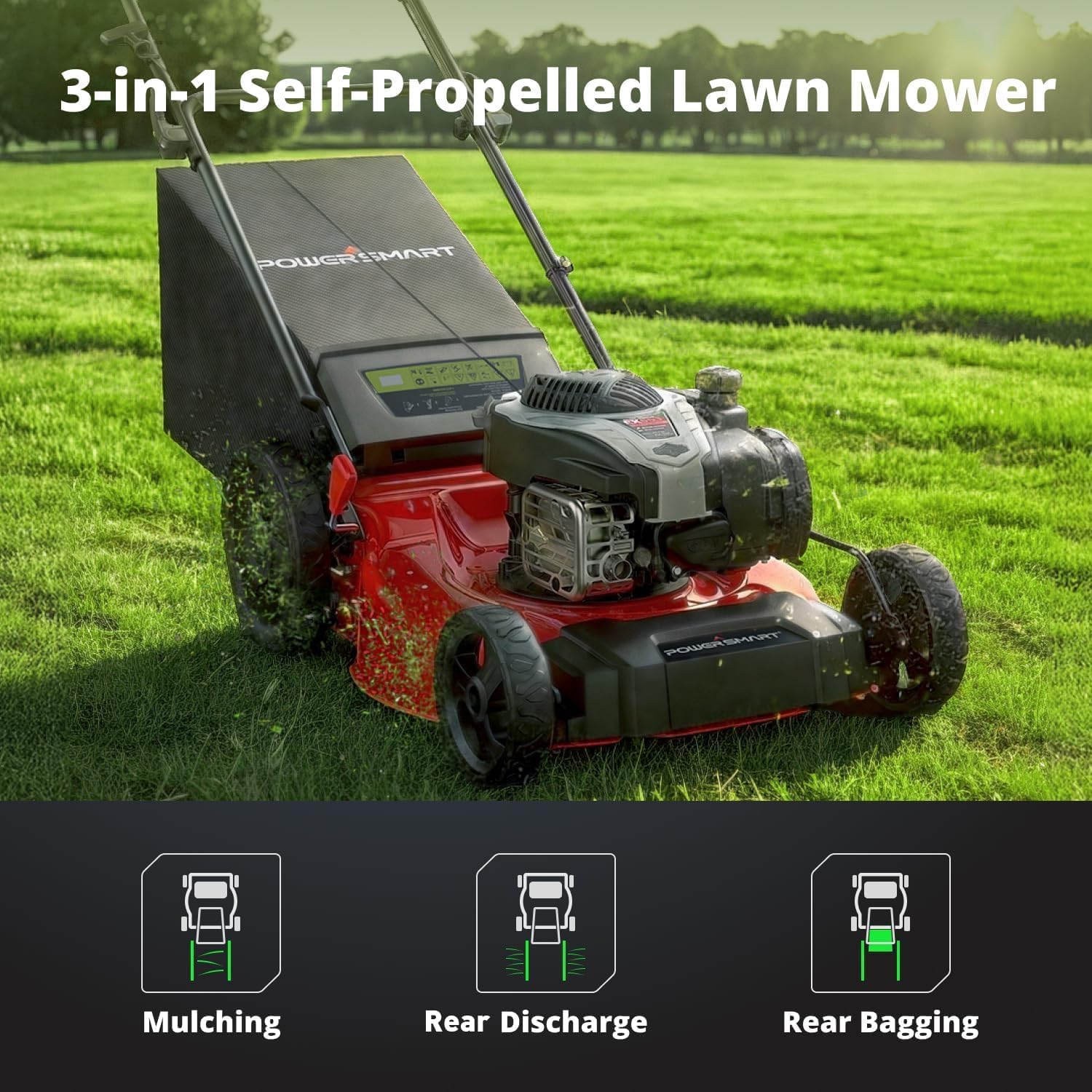 PowerSmart 21-Inch Self-Propelled Lawn Mower - 140cc B&S Engine, 3-in-1 Mulching, 6 Cutting Heights, Heavy-Duty Steel Deck