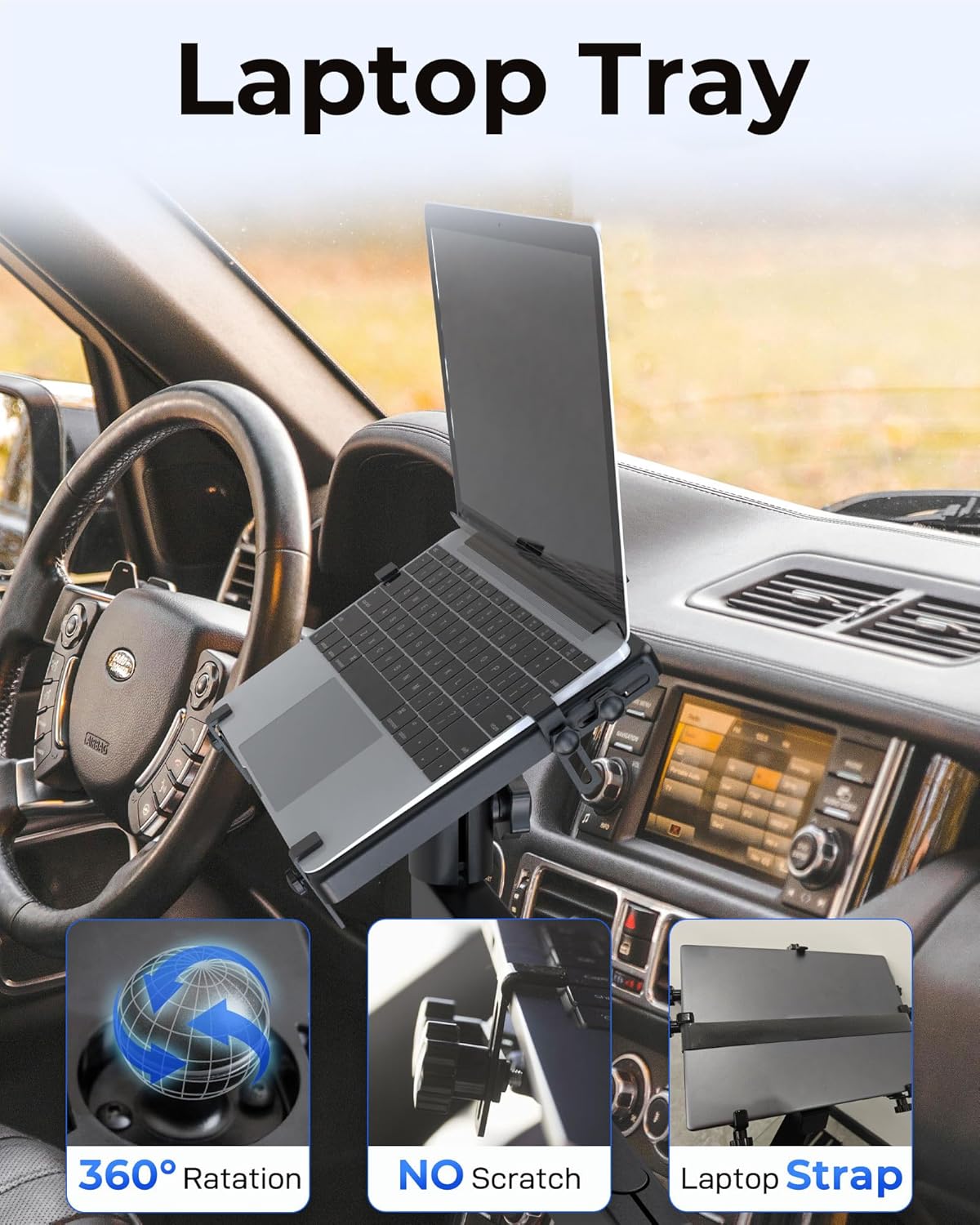 Car Laptop Mount with 2 Cooling Fans, No-Drill Adjustable Vehicle Computer Mount for Trucks, Vans, Heavy Duty Aluminum Laptop Holder for Work on The Go