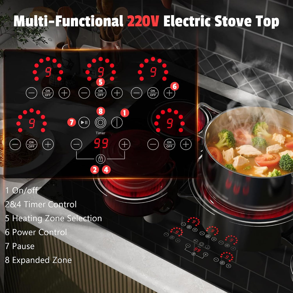 30 Inch Electric Cooktop - 9000W Powerful 5 Burner Electric Stovetop, 220V Built-in Ceramic Stove 30 Inches with Triple Ring, Timer, Safety Lock, Pause, 220V-240V Hard Wired (No Plug)