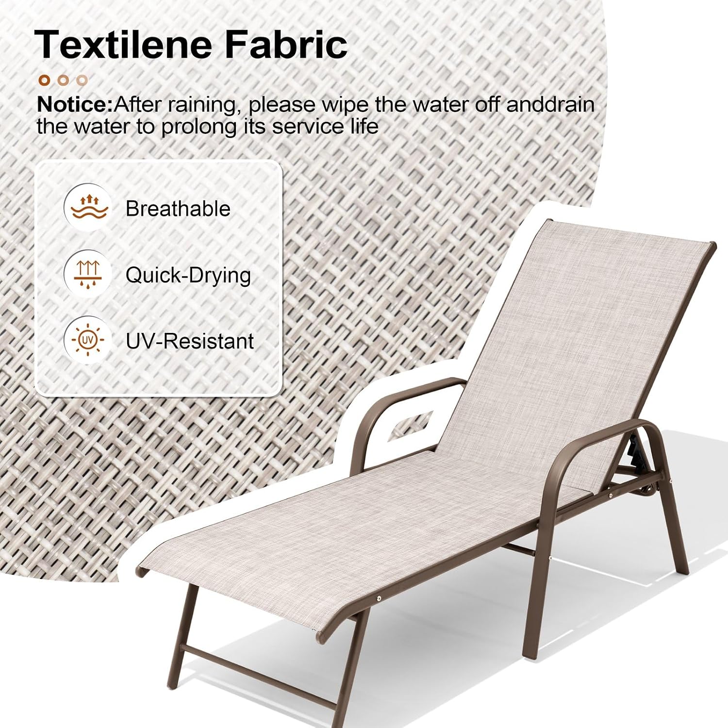 Crestlive Products Chaise Lounge Chair Outdoor with Armrests, Pool Lounge Chairs Set of 4, Aluminum Adjustable 5 Positions Sun Tanning Lounger for Patio, Poolside, Yard, Deck, Backyard (Beige)