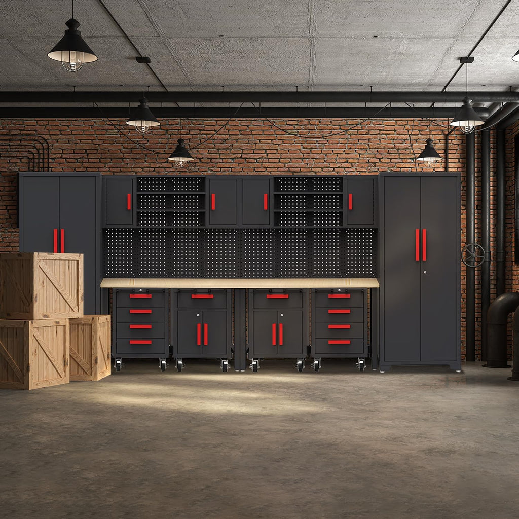 Garage Storage Cabinet System - 2 * 6-Pcs Workshop Set with Steel Cabinet Drawers, Rolling Chest, Workbench, Pegboard for Tool Organization