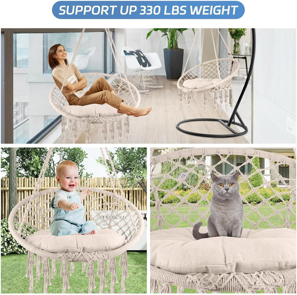 Hammock Chair, 330Lbs Swing Chair for Bedroom, Swing Chair with Comfy Cushion, Hanging Chair, for Bedroom, Porch, Adults, Balcony (Beige 2PCS)