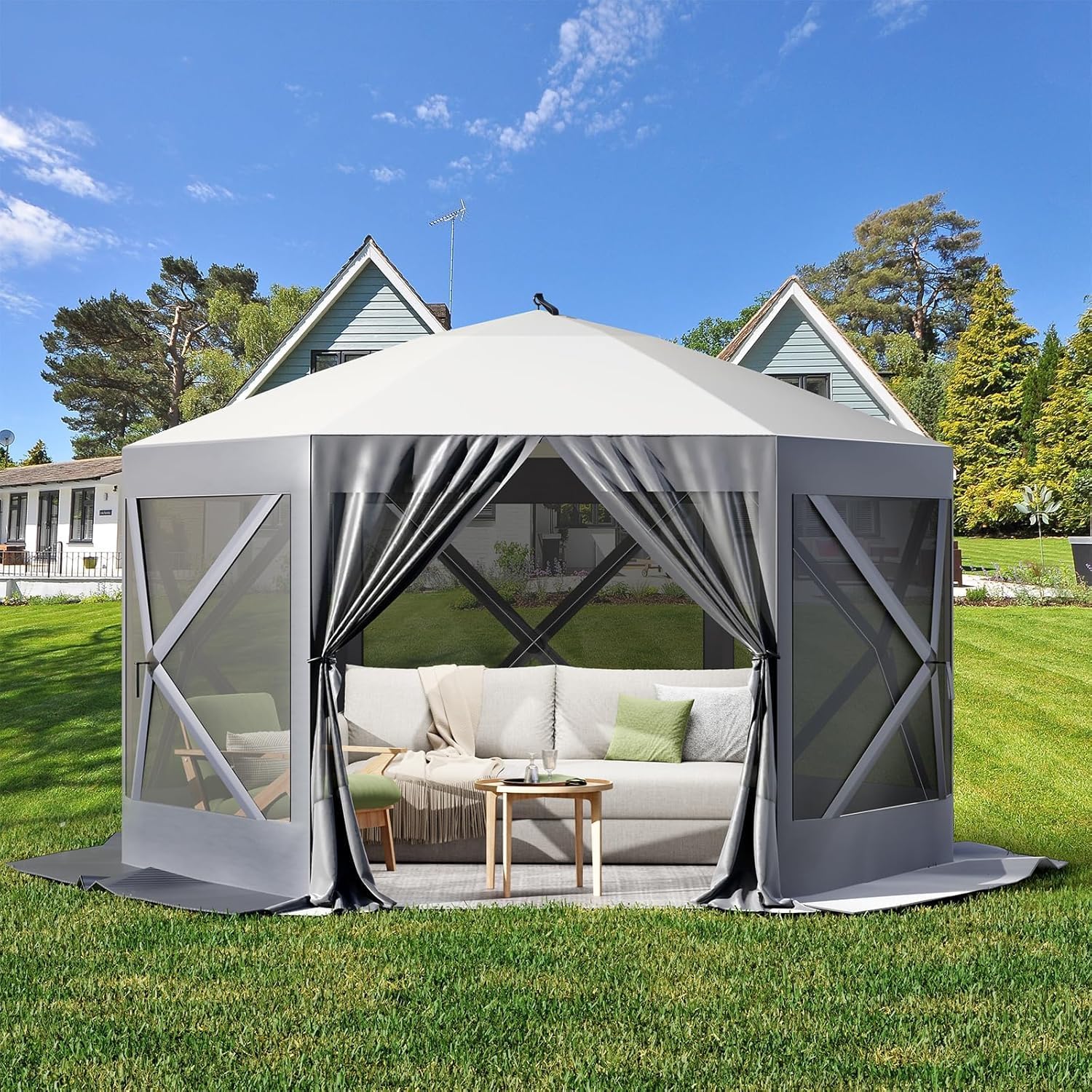 Hipicute Pop Up Gazebo,10 X 10 Ft Portable Outdoor Camping Pop Up Canopy Screen Tent with Mosquito Netting Gazebo,Waterproof 6 Sidewalls,Ground Stakes,Carry Bag for Lawn, Garden, Backyard (Gray)