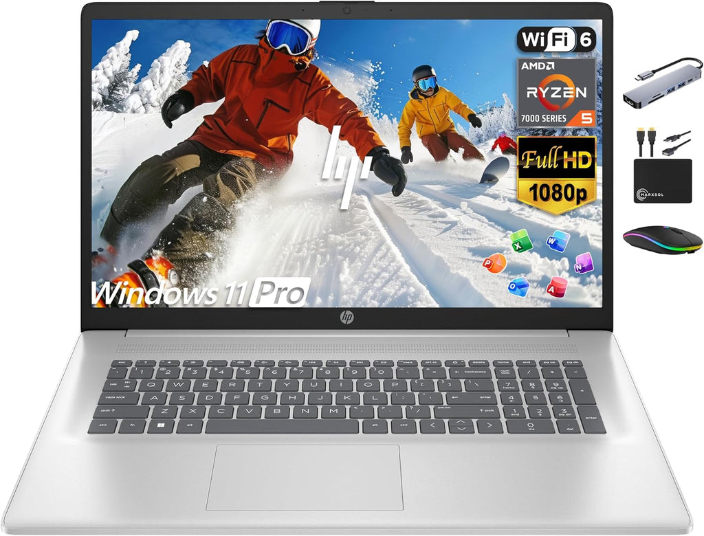 HP 17 Pavilion Laptop 2025, 17.3' FHD IPS Display, 6-Core AMD Ryzen 5 Processor, 16GB RAM, 1.5TB Storage (1TB SSD + 500GB Ext), Copilot AI Lifetime Office, Long Battery, MarxsolAccessory, Win 11 Pro