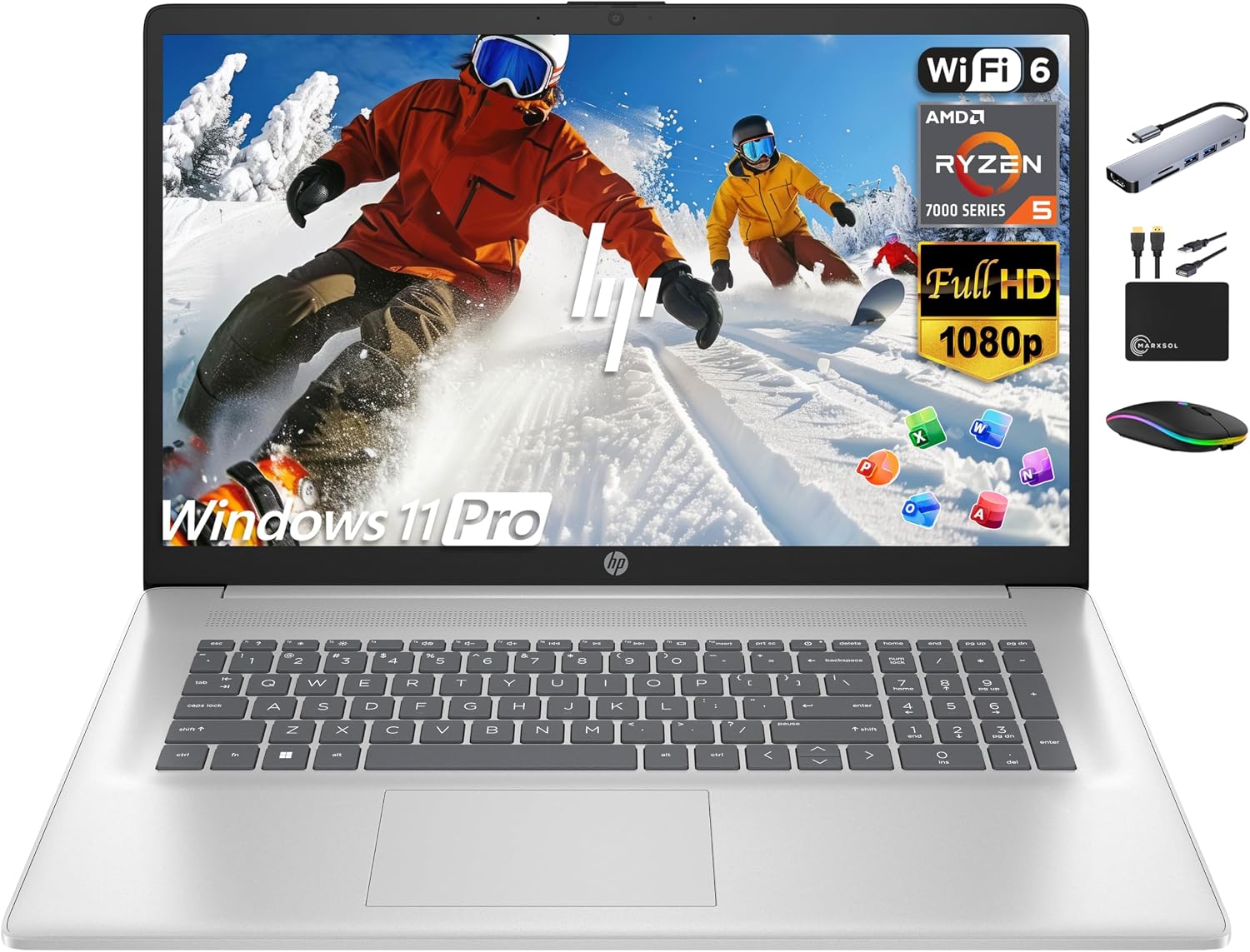 HP 17 Pavilion Laptop 2025, 17.3' FHD IPS Display, 6-Core AMD Ryzen 5 Processor, 16GB RAM, 1.5TB Storage (1TB SSD + 500GB Ext), Copilot AI Lifetime Office, Long Battery, MarxsolAccessory, Win 11 Pro